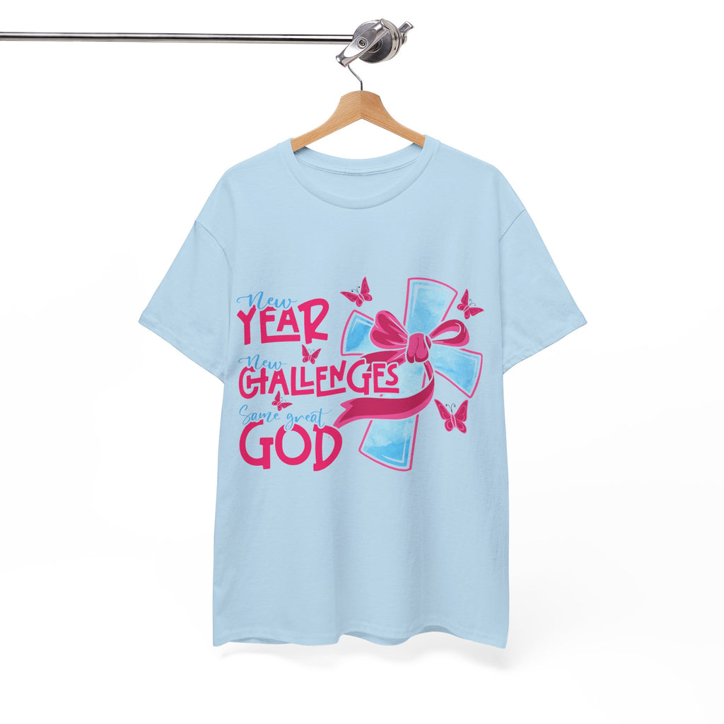 Christian T-Shirt — “New Year, New Challenges, Same Great God” with Pink Bow Cross & Butterflies. Unisex Cotton Tee