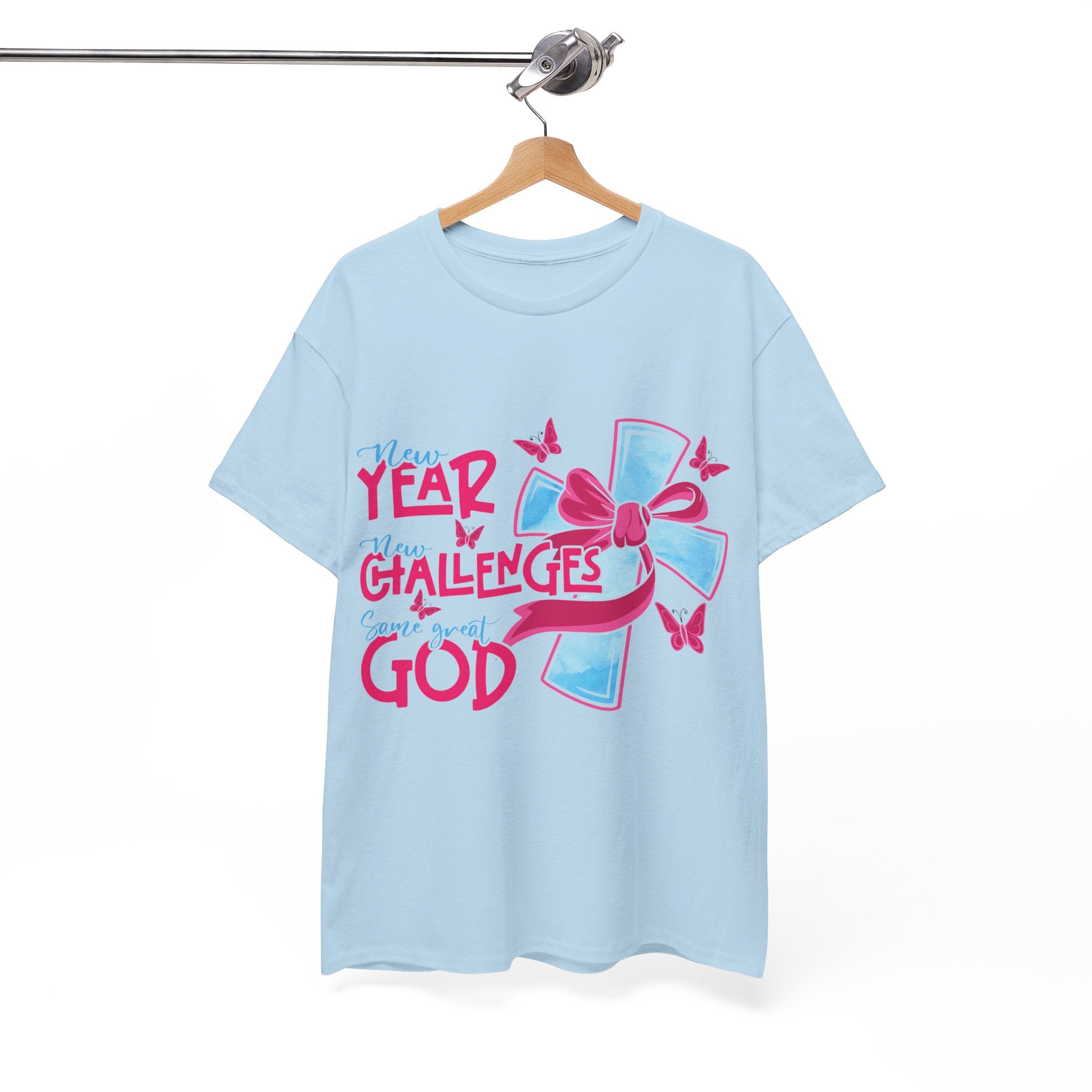 Christian T-Shirt — “New Year, New Challenges, Same Great God” with Pink Bow Cross & Butterflies. Unisex Cotton Tee