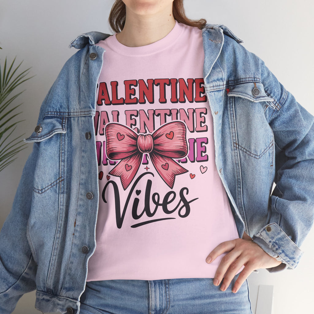 Valentine Vibes T-Shirt — Pink Bow Heart Graphic Unisex Cotton Tee