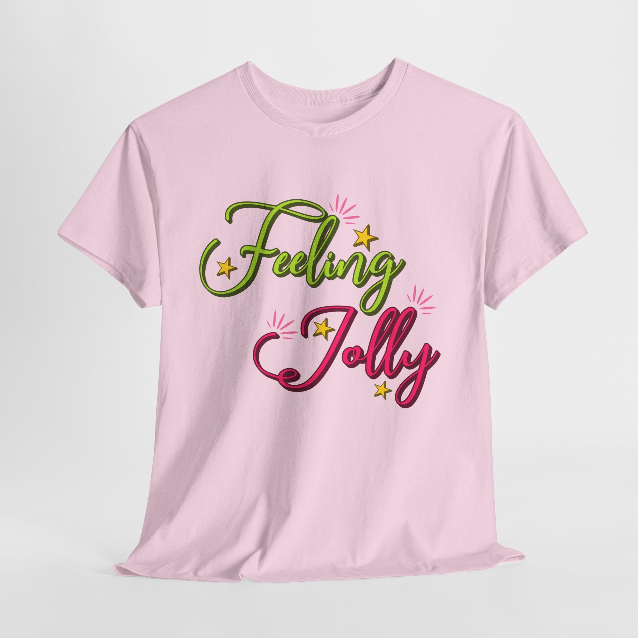 Feeling Jolly Tee — Festive Green & Pink Script with Yellow Stars Unisex Cotton Tee