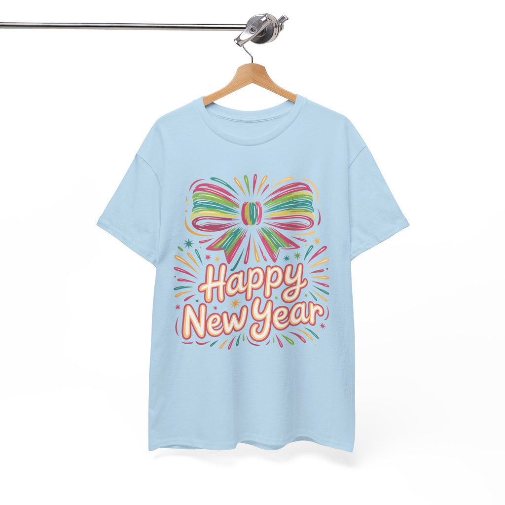 Happy New Year Pastel Tee — Rainbow Bow & Fireworks Celebration Unisex Cotton Tshirt