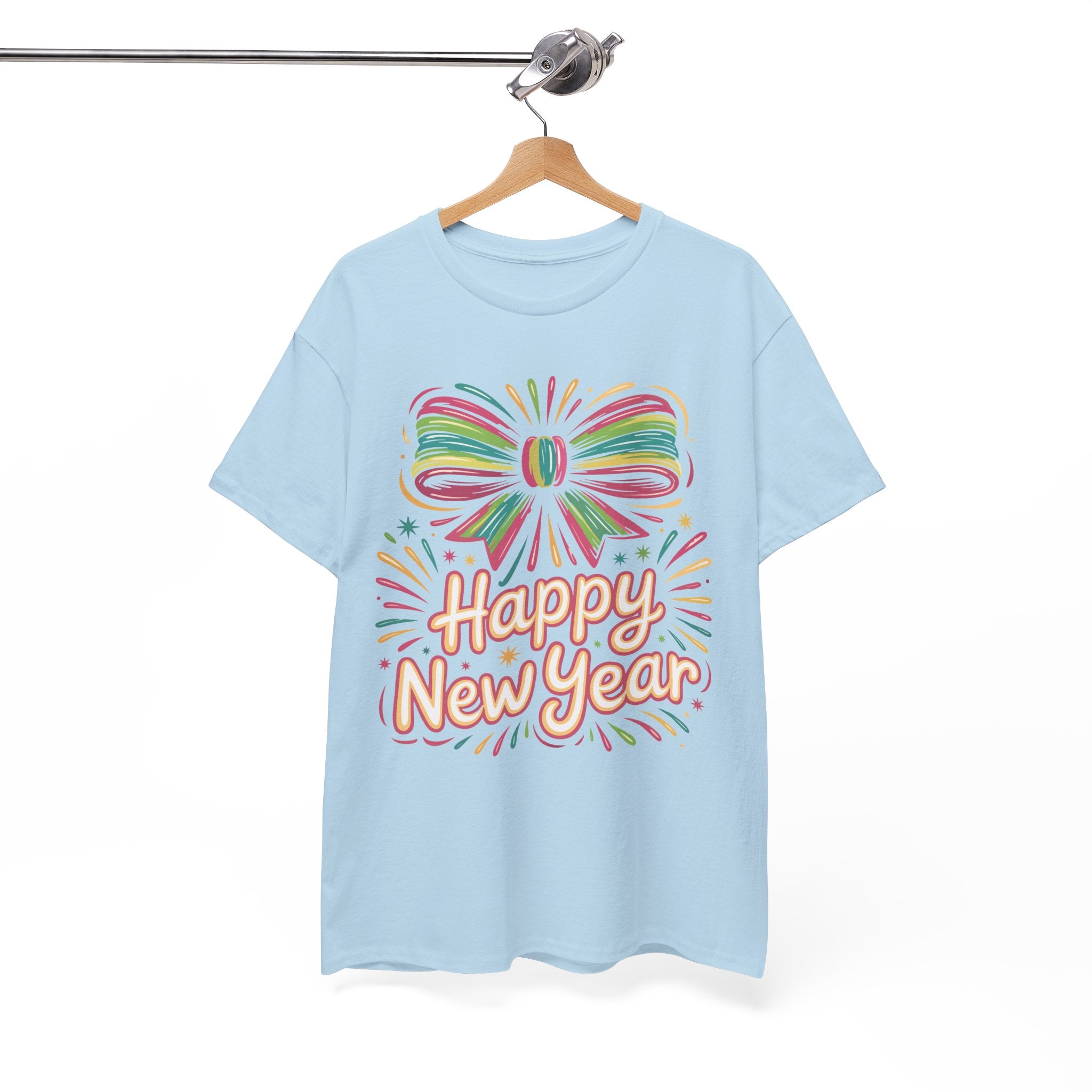 Happy New Year Pastel Tee — Rainbow Bow & Fireworks Celebration Unisex Cotton Tshirt