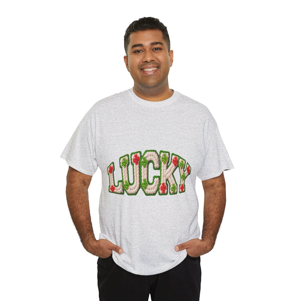 Lucky Crochet Clover T-Shirt — Faux-Yarn Embroidered St. Patrick’s Unisex Cotton Tee