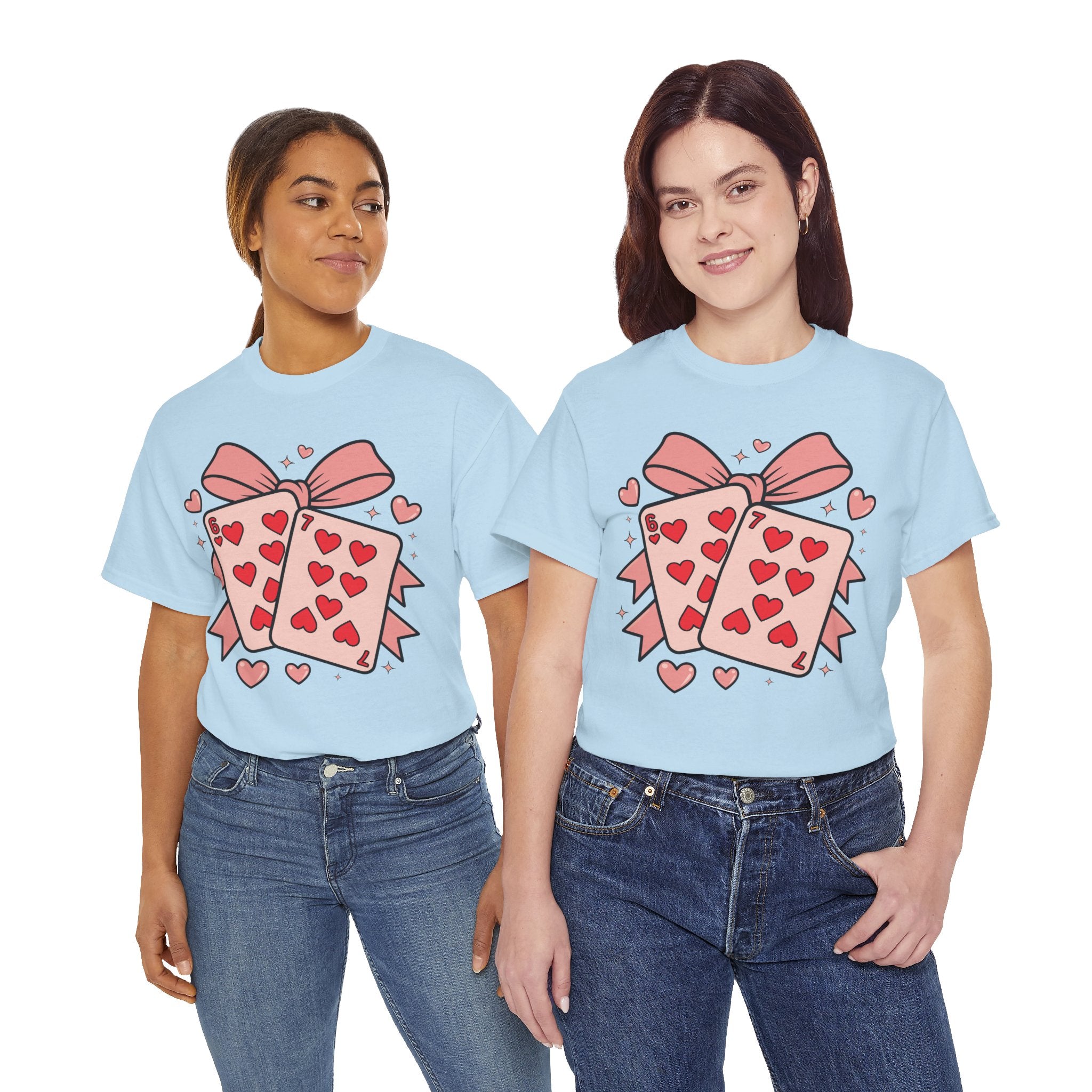 6 & 7 of Hearts T-Shirt — Paired Playing Cards with Pink Bow Unisex Cotton Tee