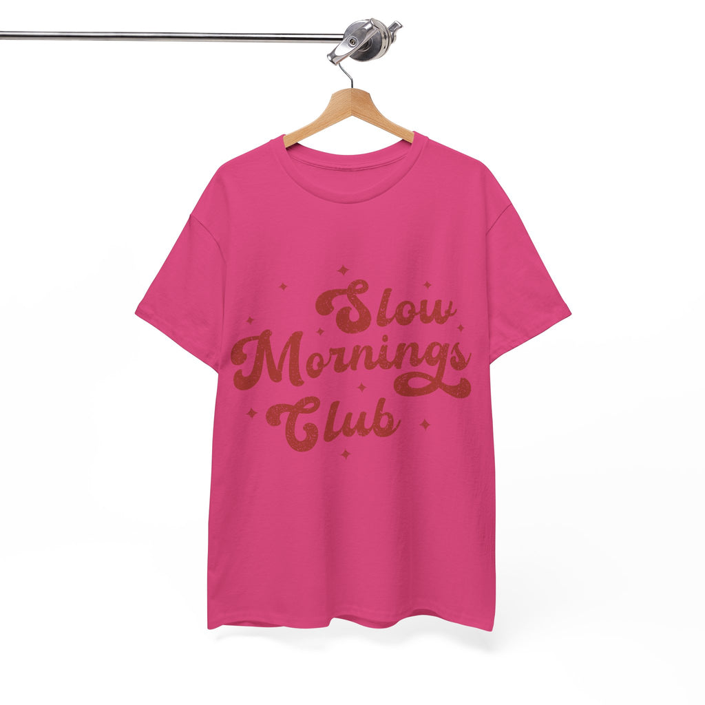 Slow Mornings Club T-Shirt — Retro Red Sparkle Unisex Cotton Tee
