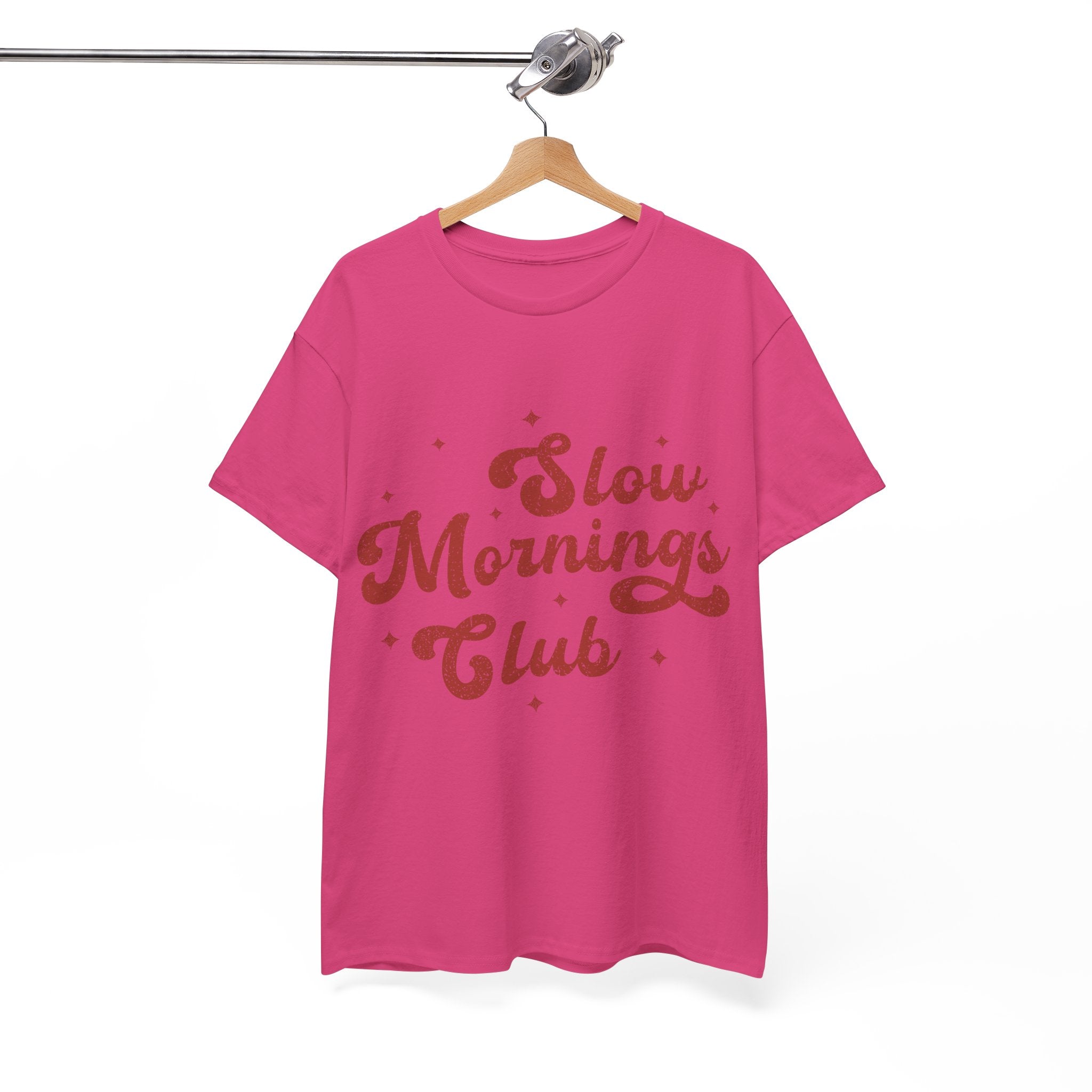 Slow Mornings Club T-Shirt — Retro Red Sparkle Unisex Cotton Tee