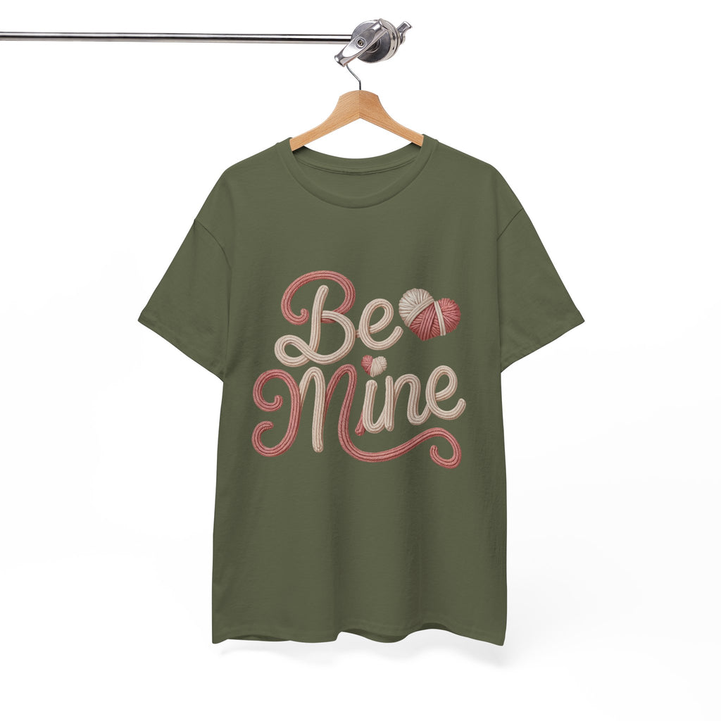 Be Mine Yarn Heart T-Shirt — Valentine’s Faux-Yarn Pink & Cream Unisex Cotton Tee