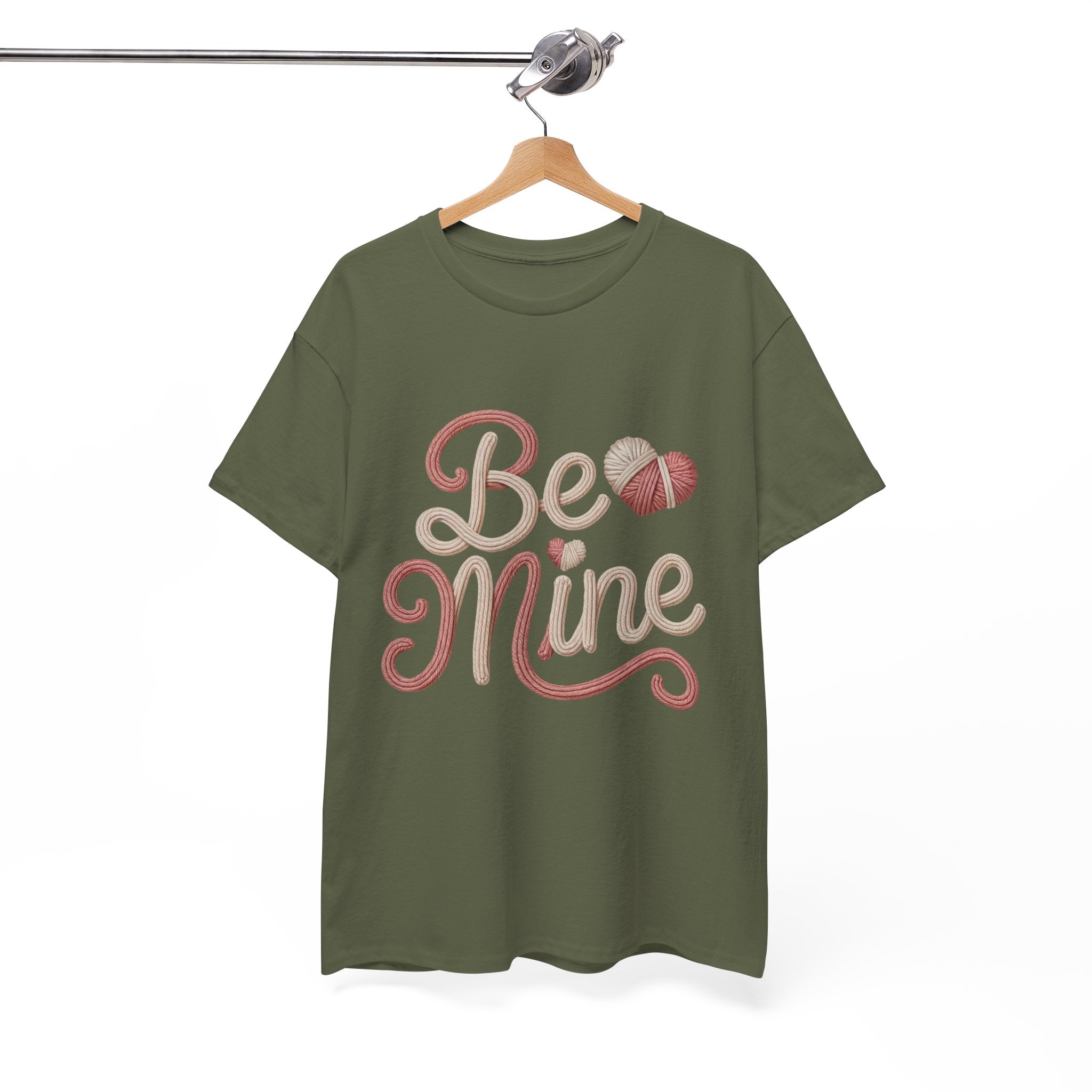 Be Mine Yarn Heart T-Shirt — Valentine’s Faux-Yarn Pink & Cream Unisex Cotton Tee