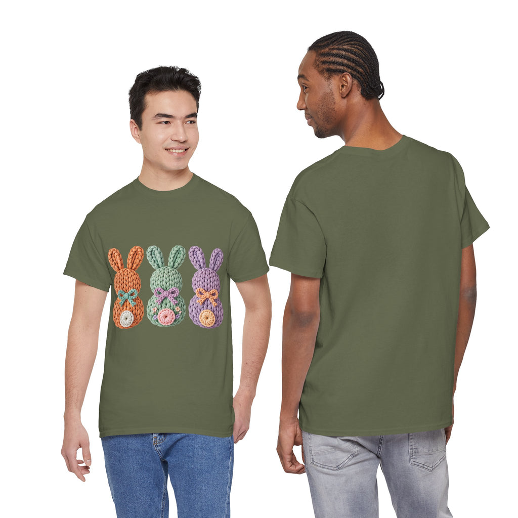 Pastel Crochet Bunny Tee — Trio of Faux Knit Bunnies with Bows & Flowers Unisex Cotton Tee