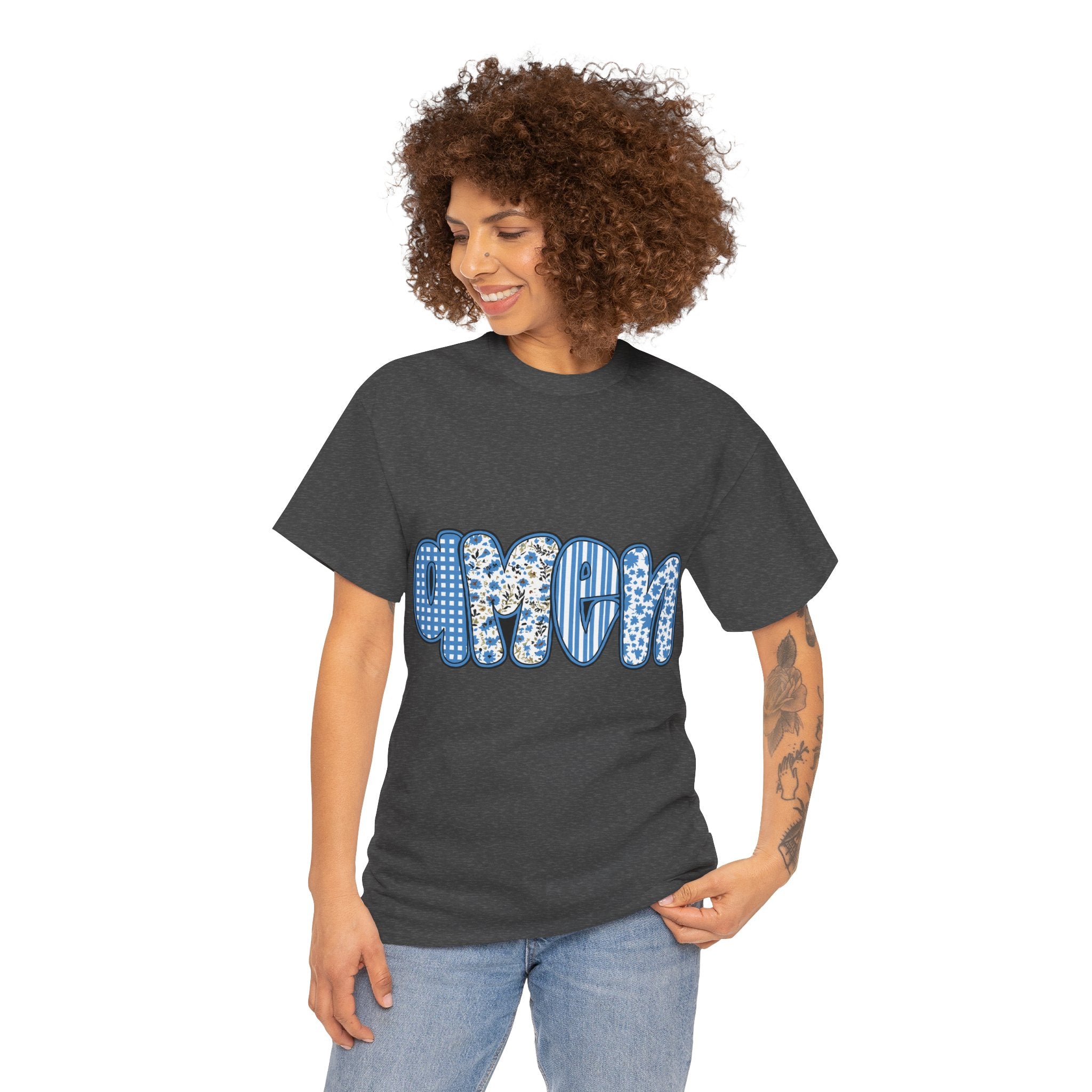 Amen Blue Floral Tee — Decorative Floral Lettering Christian Shirt Unisex Cotton Tee