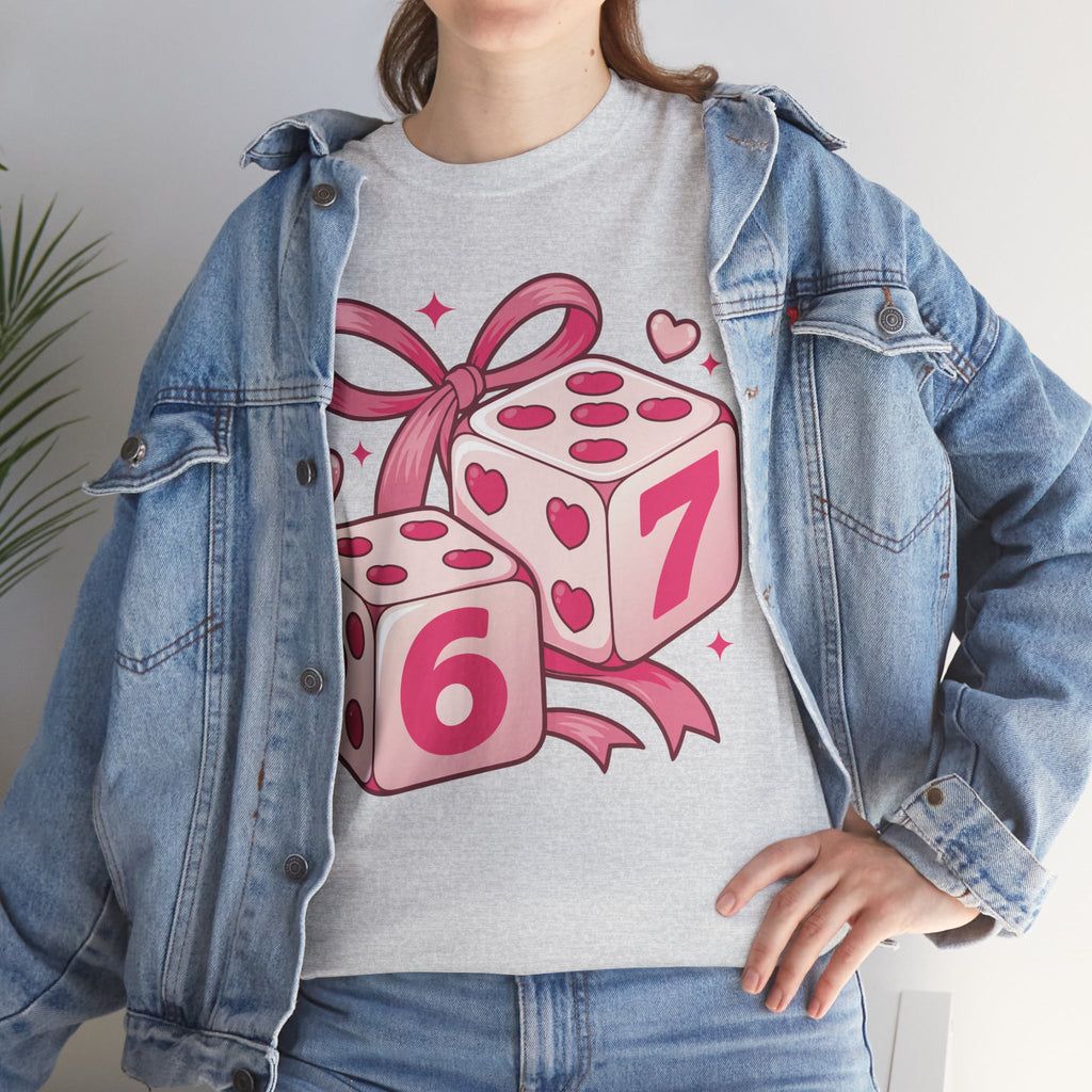 Lucky Love Dice T-Shirt — Pink Heart Dice with Bow..Unisex Cotton Tee