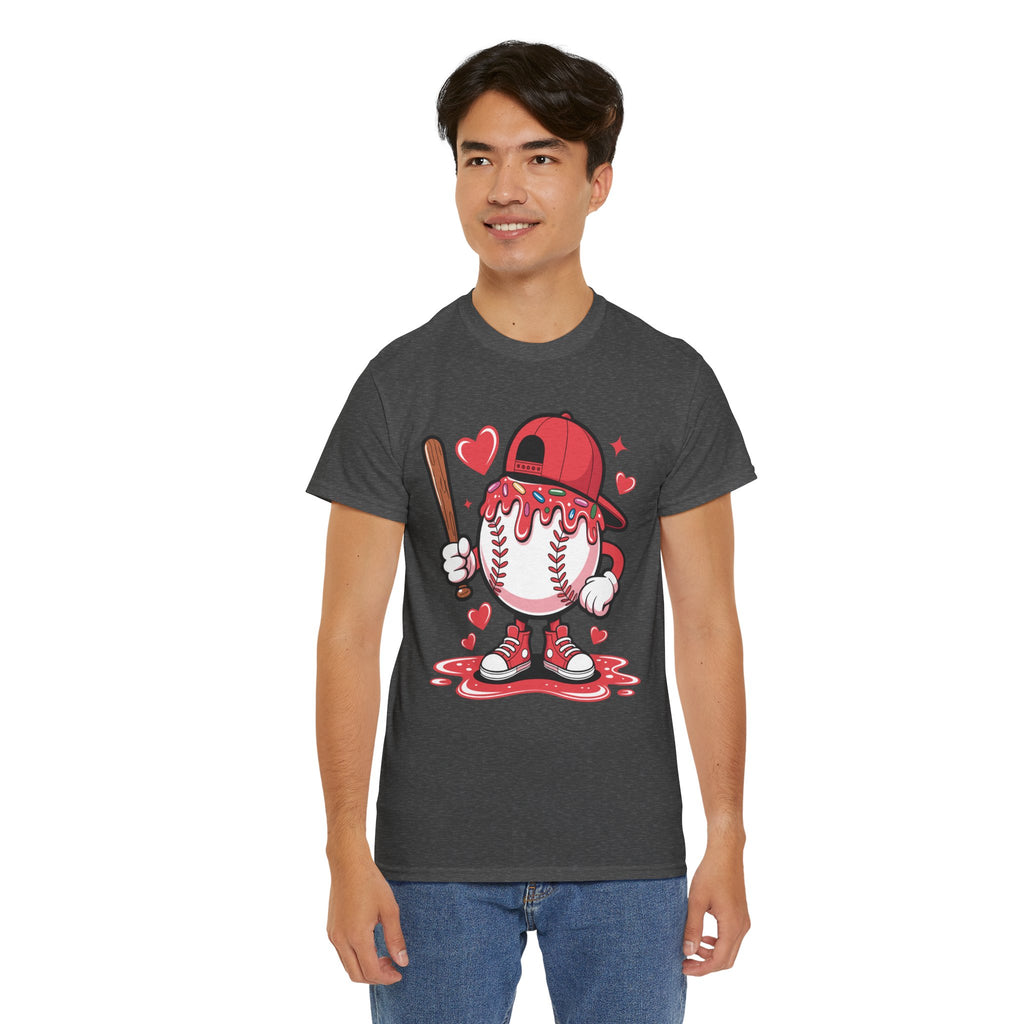 Cute Baseball Character T-Shirt — Red Cap & Icing Top Graphic with Hearts Unisex Cotton Tee