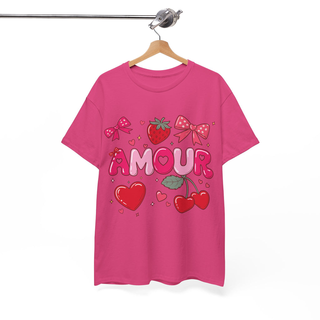Amour Pink Hearts Tee — Shiny Lettering with Bows, Cherries & Strawberry Accent...Unisex Cotton Tee