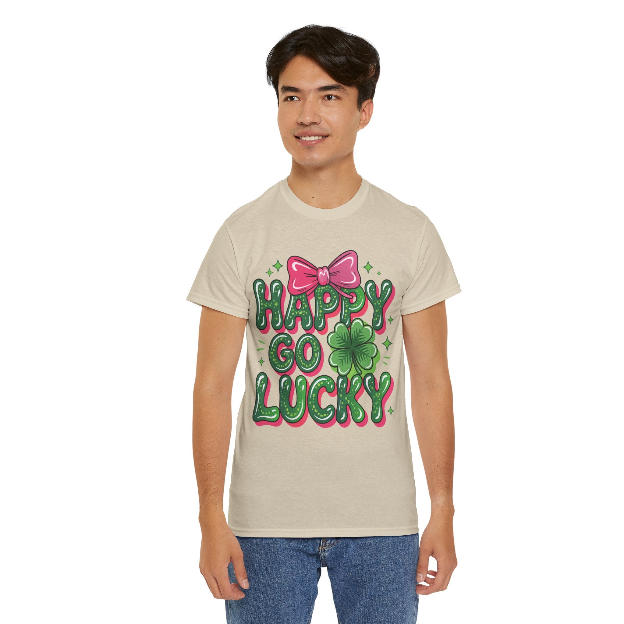 Happy Go Lucky Four-Leaf Clover Tee — Glossy Green Letters & Pink Bow Unisex Cotton Tee