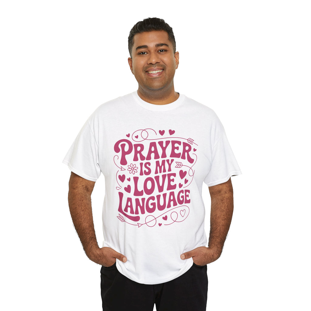 Prayer Is My Love Language Christian Tee — Pastel Pink Hearts Unisex Cotton Tee