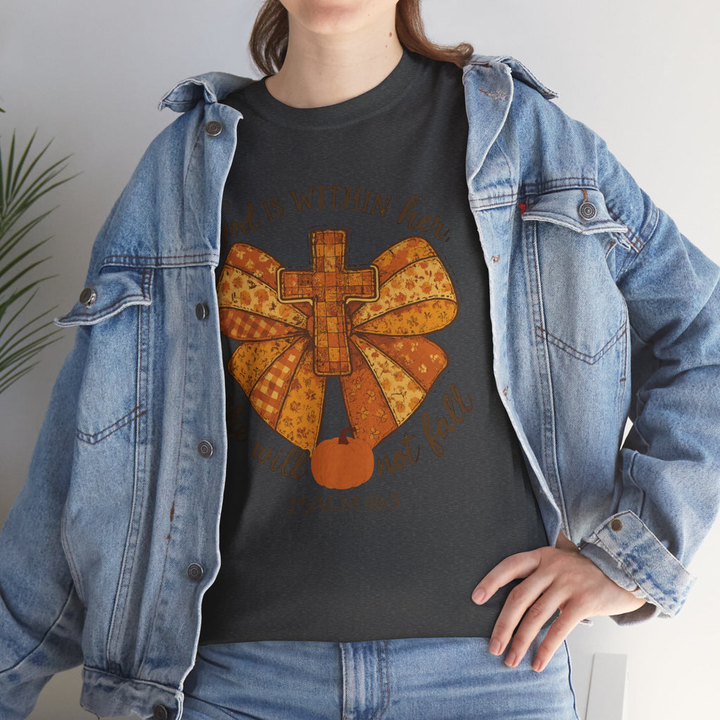 Psalm 46:5 Cross Patchwork Tee — Fall Bow Christian Unisex Cotton T-Shirt