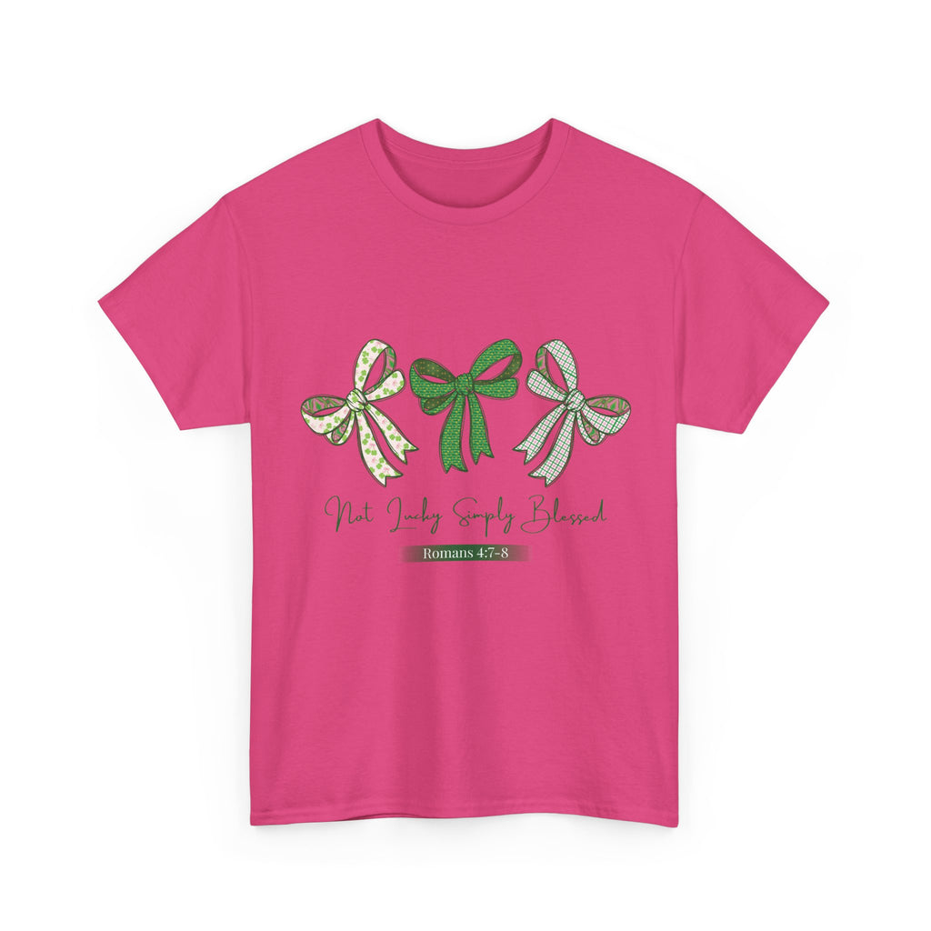 Not Lucky Simply Blessed Tee — Romans 4:7-8 Green Bow Christian Unisex Cotton T-Shirt