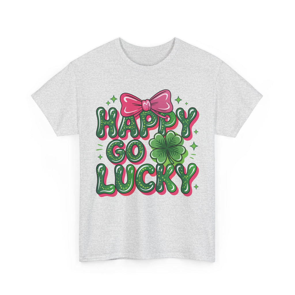 Happy Go Lucky Four-Leaf Clover Tee — Glossy Green Letters & Pink Bow Unisex Cotton Tee
