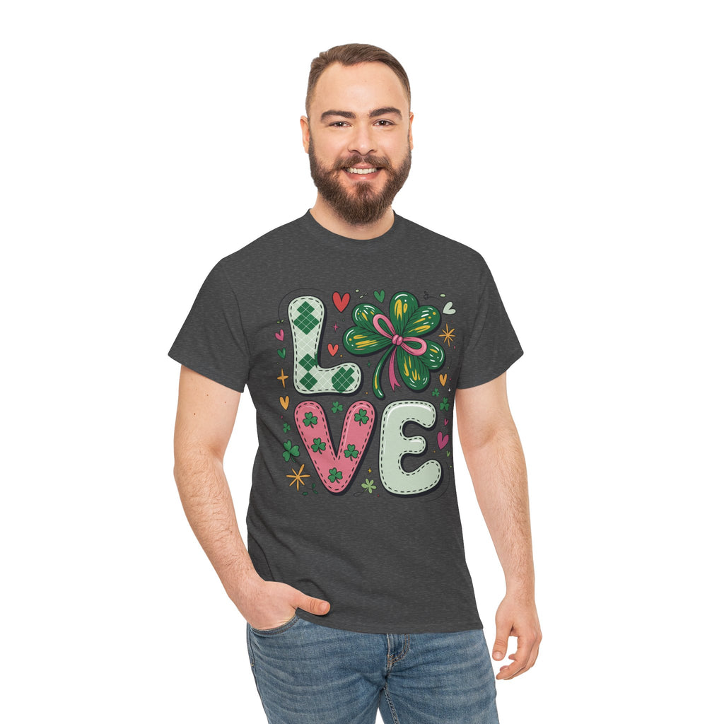 Stitched Clover 'LOVE' Tee — Heart & Patchwork St. Patrick's Unisex Cotton T-Shirt