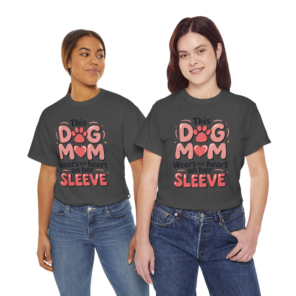 Dog Mom T-Shirt — "This Dog Mom Wears Her Heart on Her Sleeve" Paw & Heart Unisex Cotton Tee