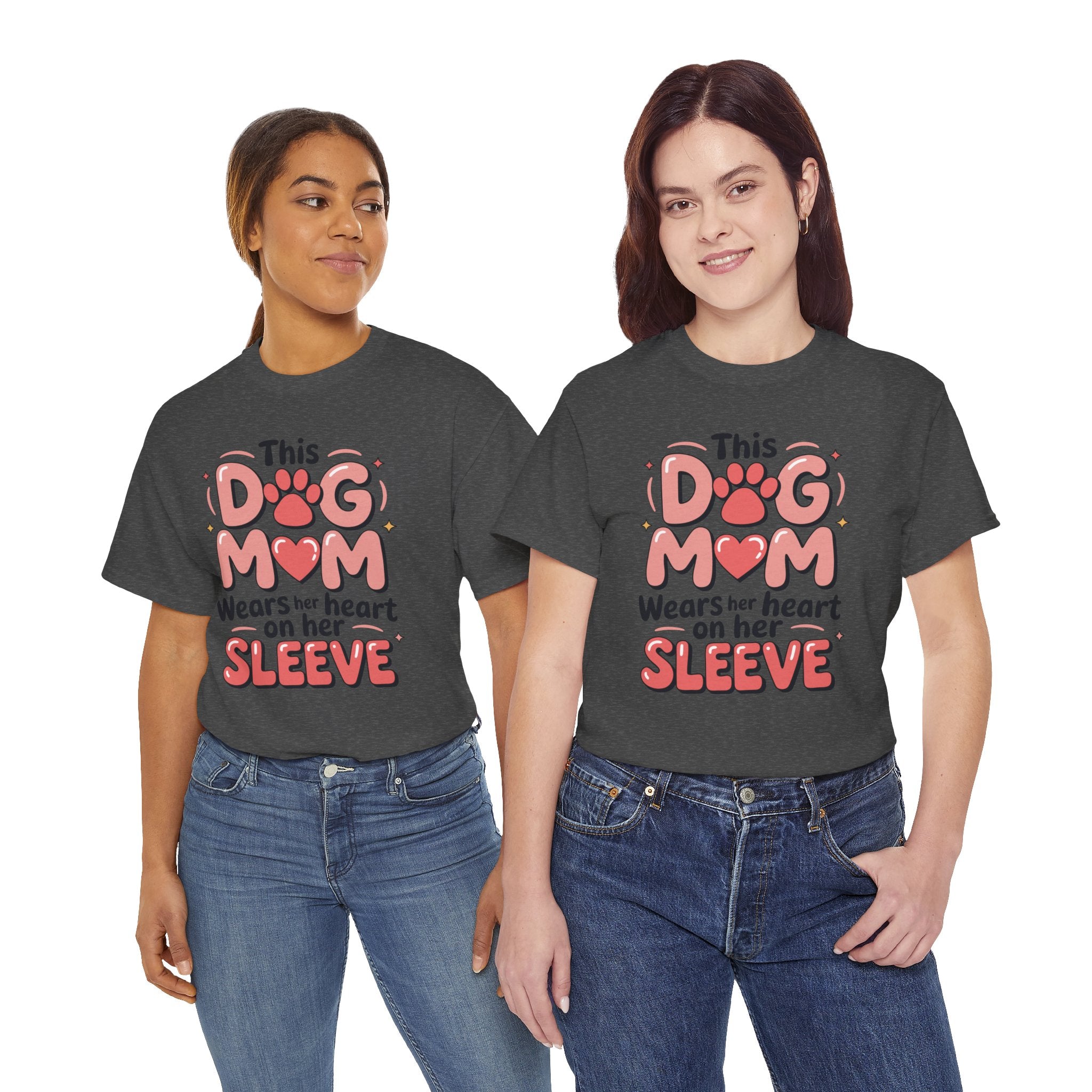 Dog Mom T-Shirt — "This Dog Mom Wears Her Heart on Her Sleeve" Paw & Heart Unisex Cotton Tee