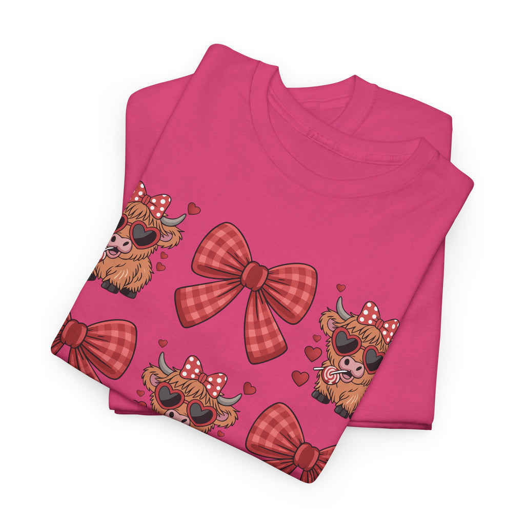 Valentine Cow Checkered Tee — Fluffy Cows with Heart Sunglasses & Red Bows..Unisex Cotton Tee