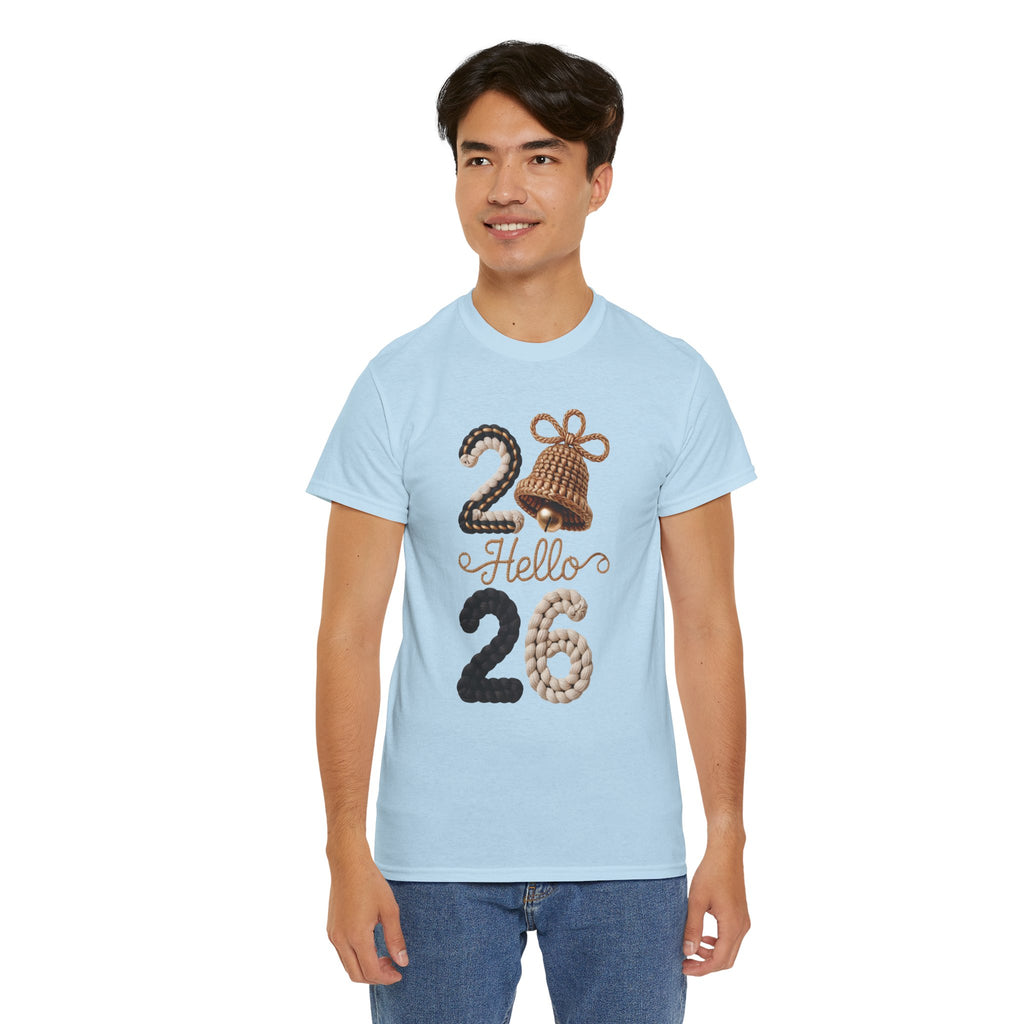 Hello 2026 Tee — Cozy Faux Yarn Braided Numbers with Woven Golden Bell..Unisex Cotton Tee