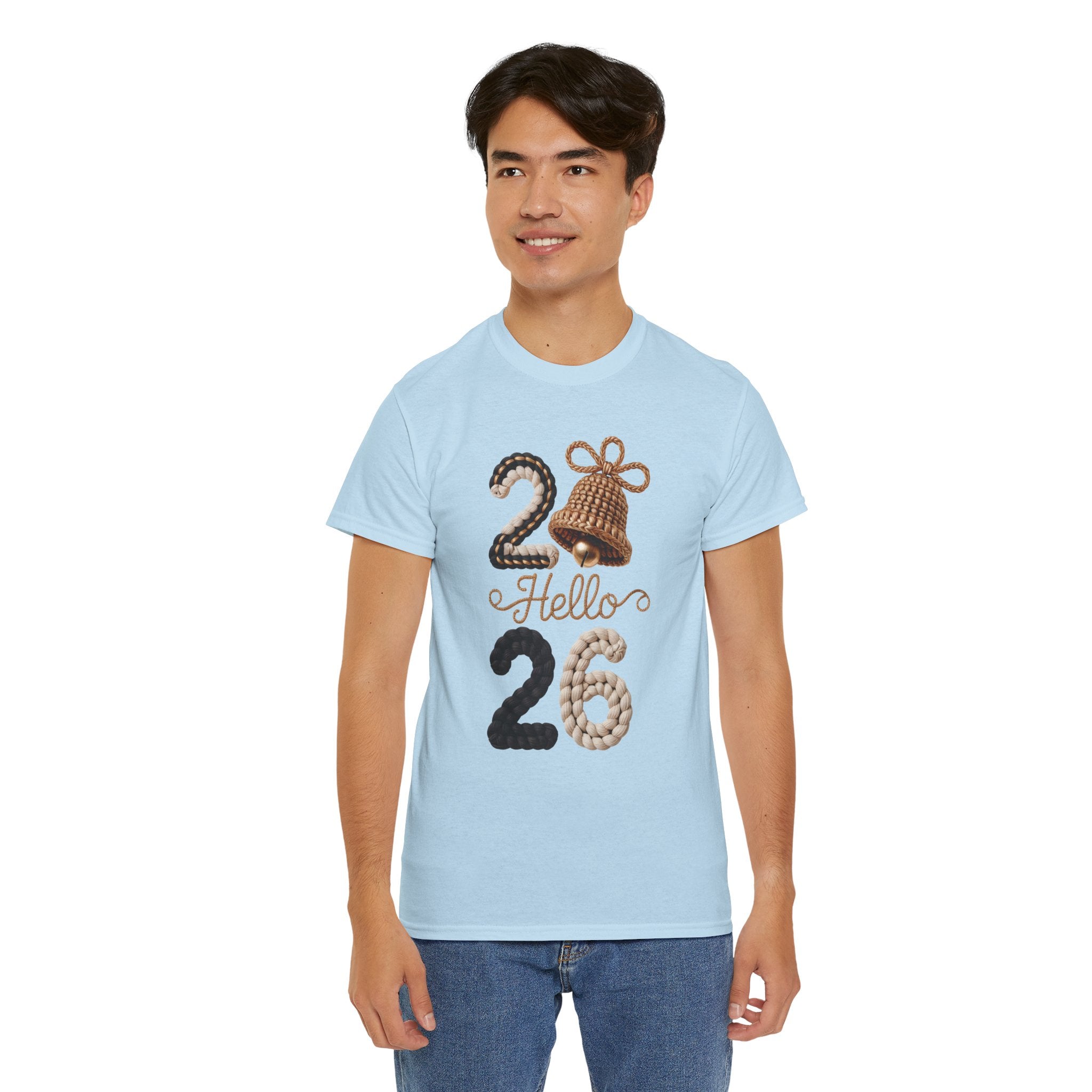 Hello 2026 Tee — Cozy Faux Yarn Braided Numbers with Woven Golden Bell..Unisex Cotton Tee