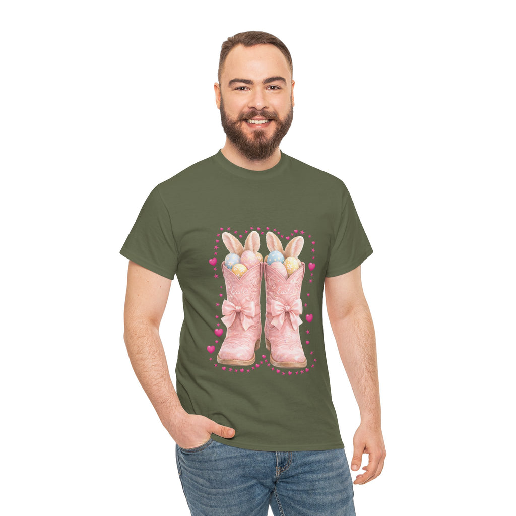 Easter Pink Western Boots Tee — Pastel Bunny Eggs & Bows Unisex Cotton Tee