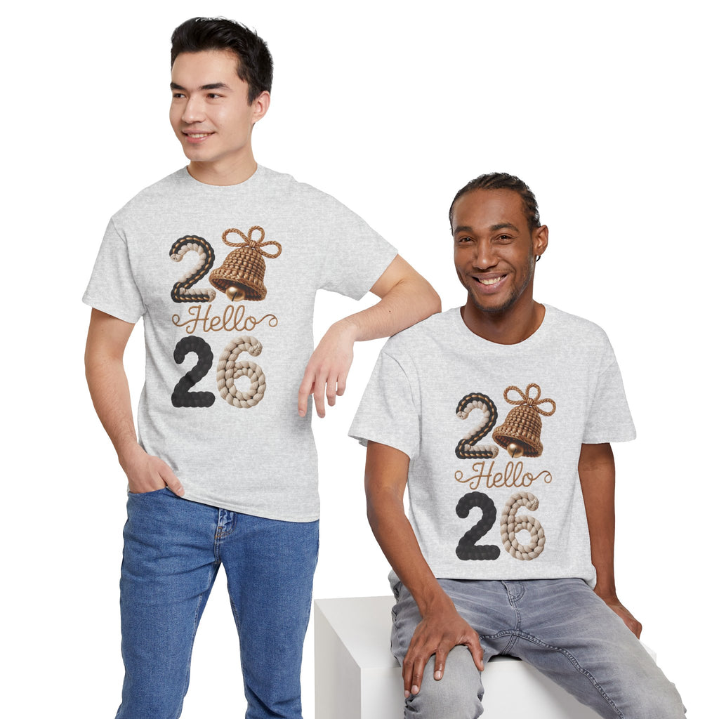 Hello 2026 Tee — Cozy Faux Yarn Braided Numbers with Woven Golden Bell..Unisex Cotton Tee