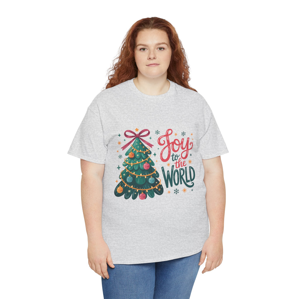 Joy to the World Christmas Tee — Festive Tree with Pink Bow..Unisex Cotton Tee