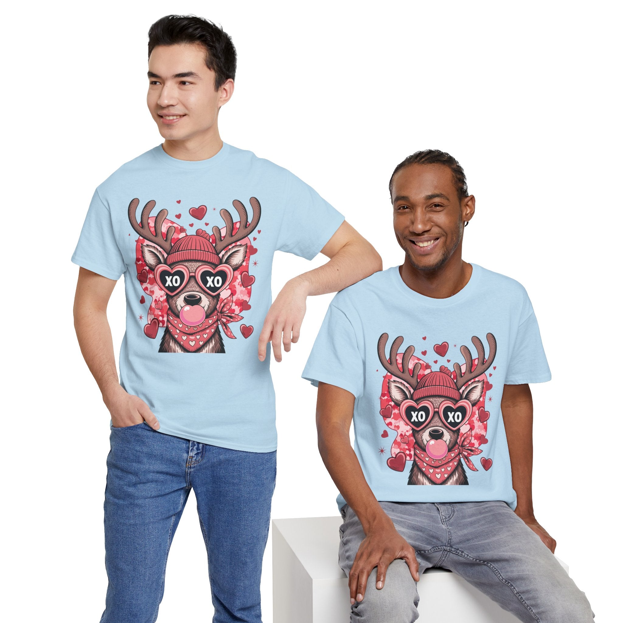 Valentine Deer Tee — Cute XO Heart Glasses, Beanie & Scarf Unisex Cotton Tshirt
