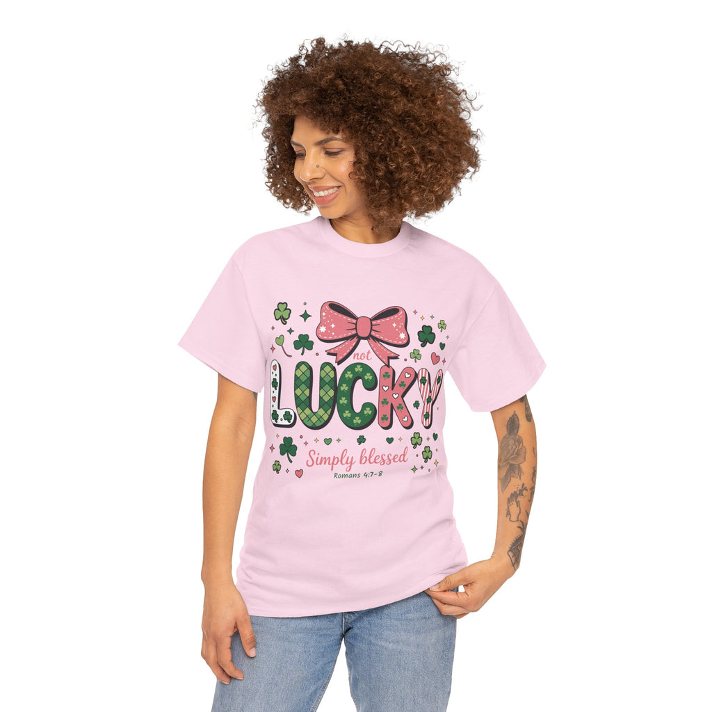 Simply Blessed Tee — “Not Lucky, Simply Blessed” with Pastel Bow, Clovers & Romans 4:7-8 Unisex Cotton Tee