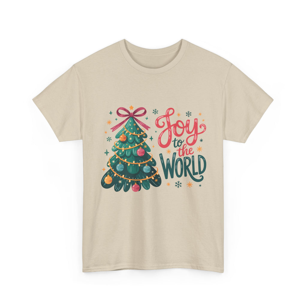 Joy to the World Christmas Tee — Festive Tree with Pink Bow..Unisex Cotton Tee