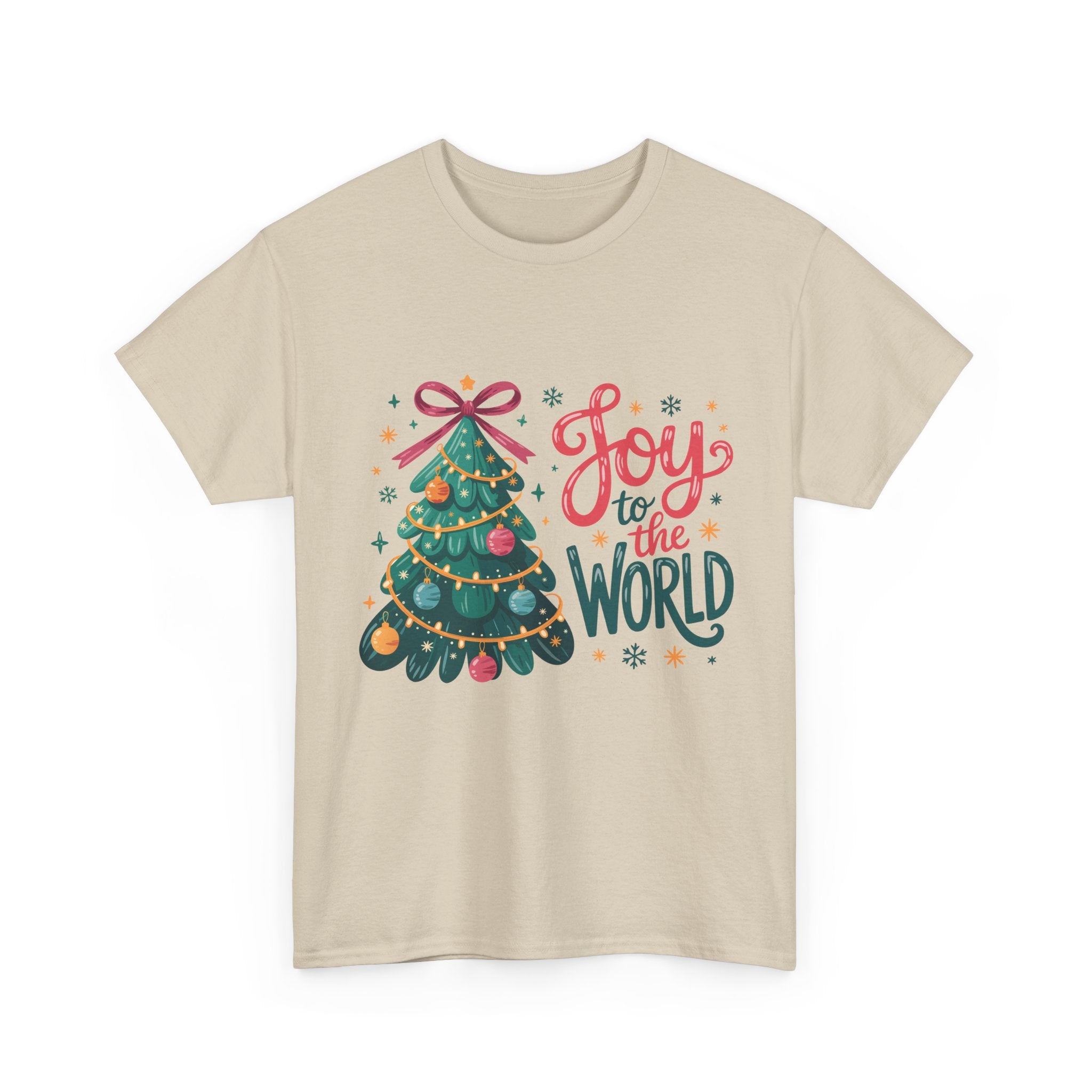 Joy to the World Christmas Tee — Festive Tree with Pink Bow..Unisex Cotton Tee