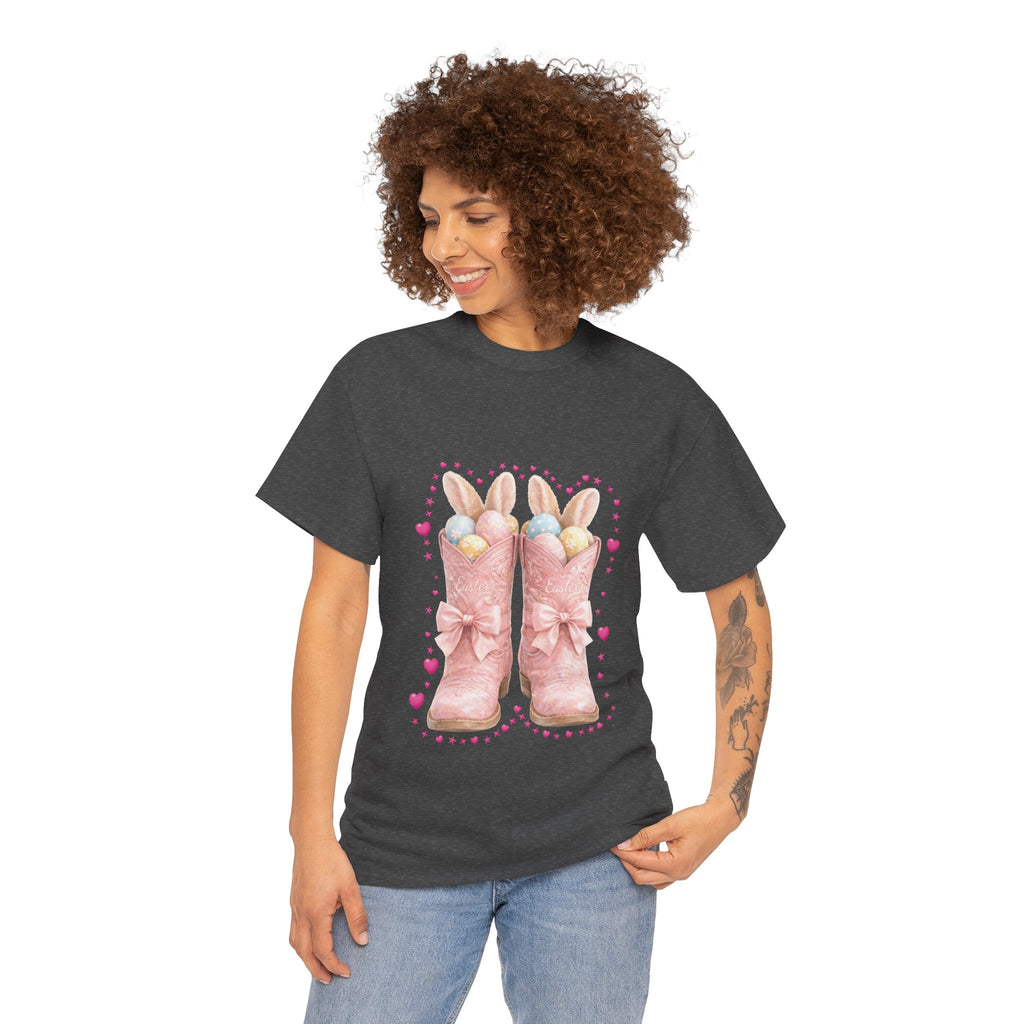 Easter Pink Western Boots Tee — Pastel Bunny Eggs & Bows Unisex Cotton Tee