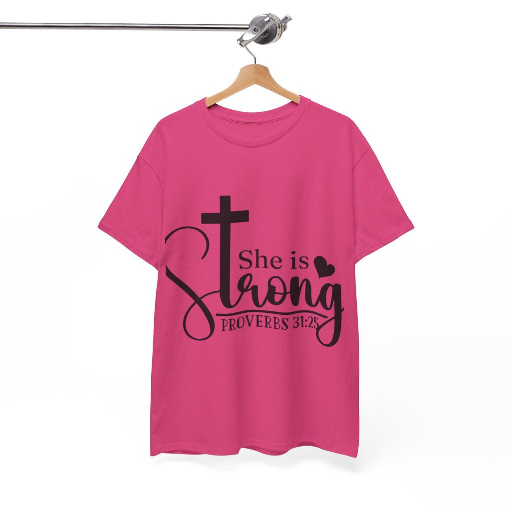 Proverbs 31:25 'She is Strong' T-Shirt – Christian Cross & Heart Unisex Cotton Tee
