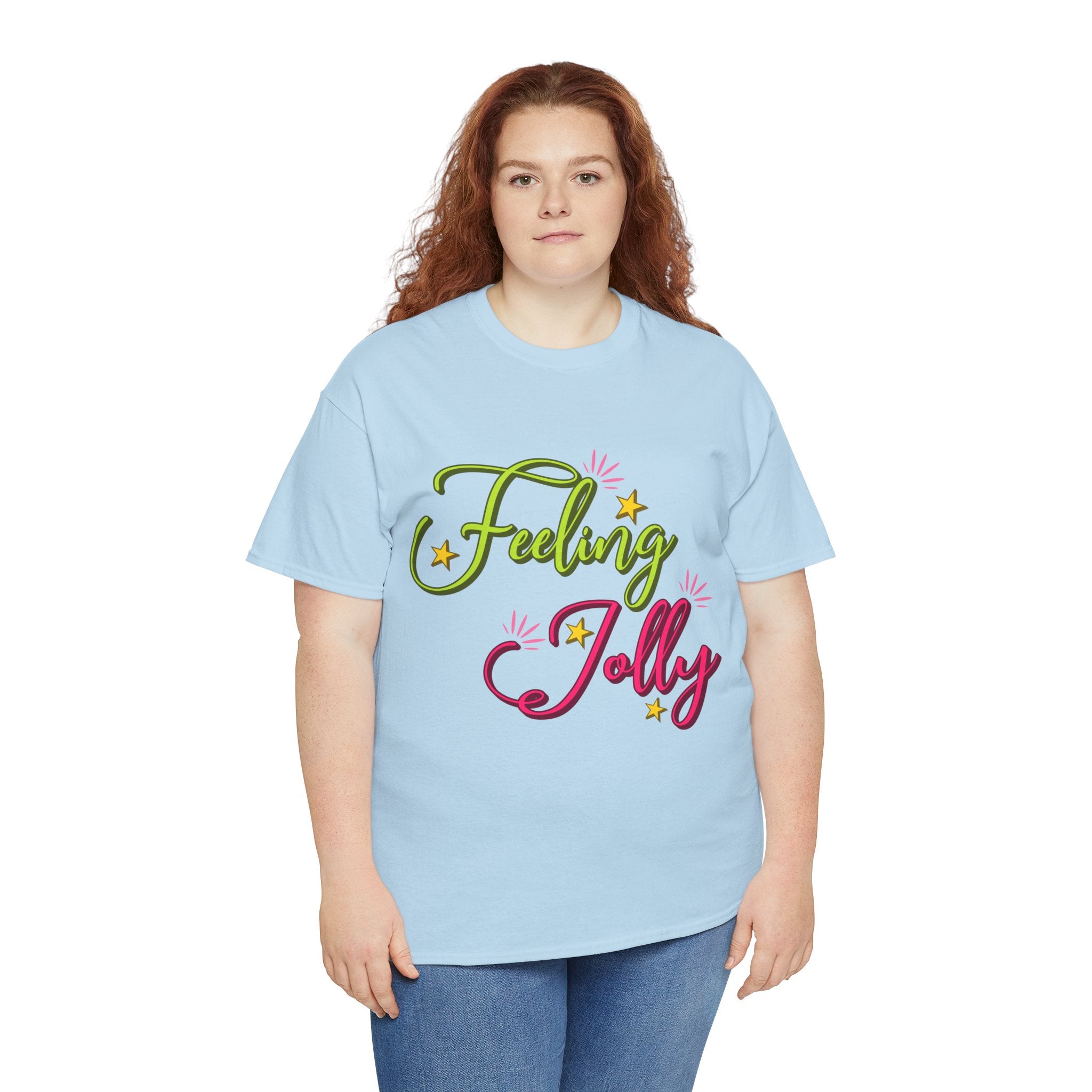 Feeling Jolly Tee — Festive Green & Pink Script with Yellow Stars Unisex Cotton Tee