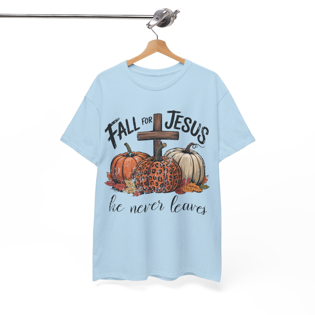 Fall for Jesus Pumpkin Cross Tee — "He Never Leaves" Autumn Christian Unisex Cotton T-Shirt
