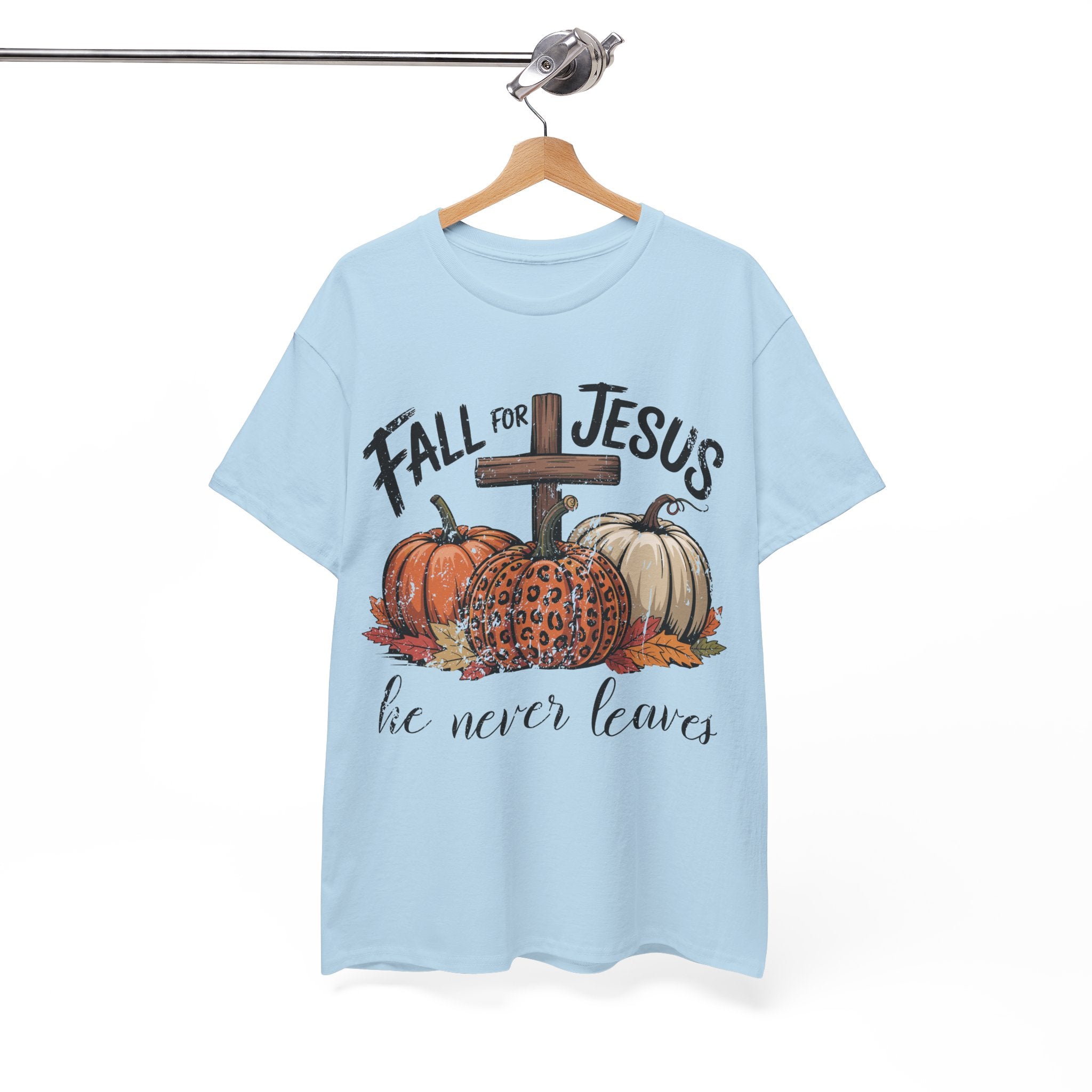 Fall for Jesus Pumpkin Cross Tee — "He Never Leaves" Autumn Christian Unisex Cotton T-Shirt