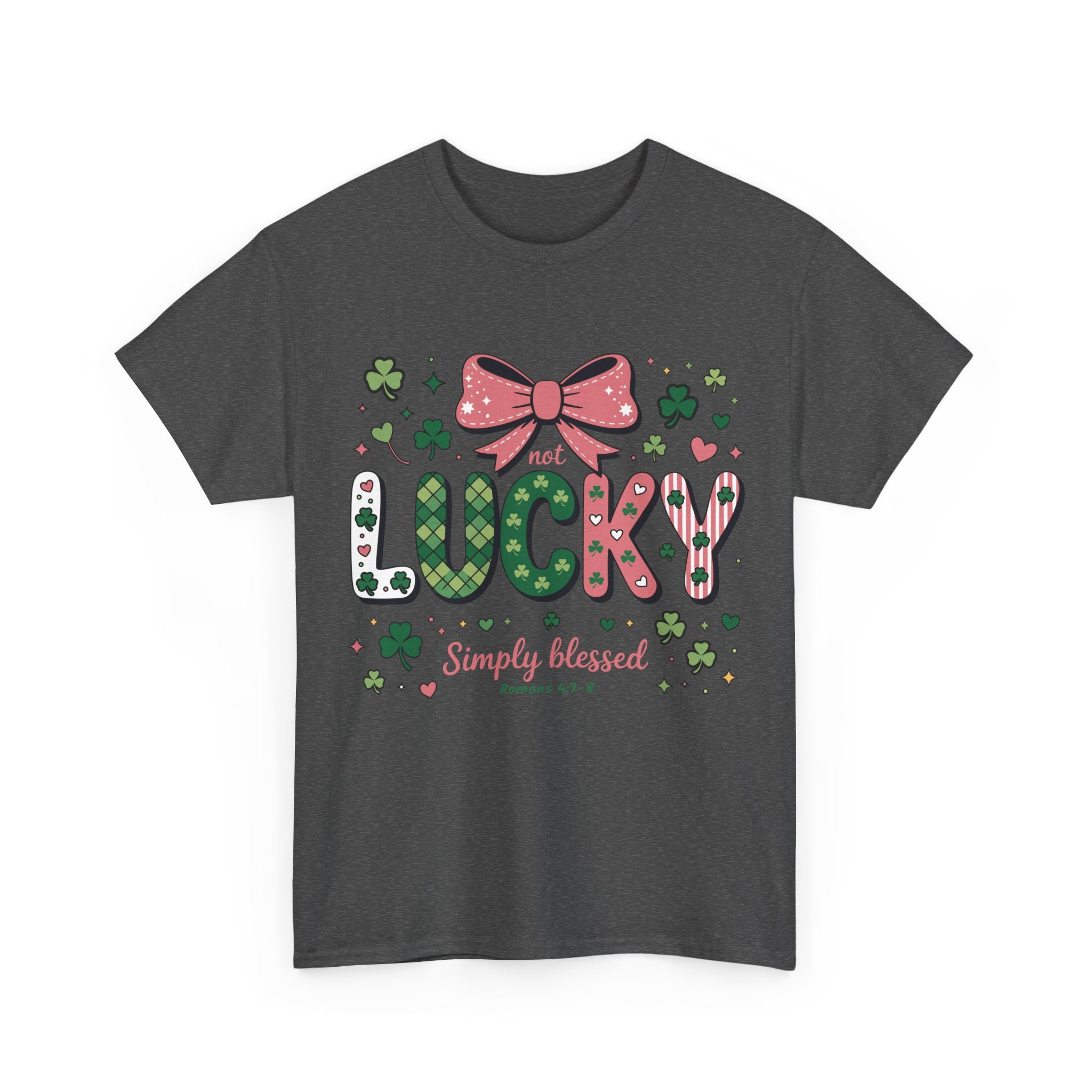 Simply Blessed Tee — “Not Lucky, Simply Blessed” with Pastel Bow, Clovers & Romans 4:7-8 Unisex Cotton Tee
