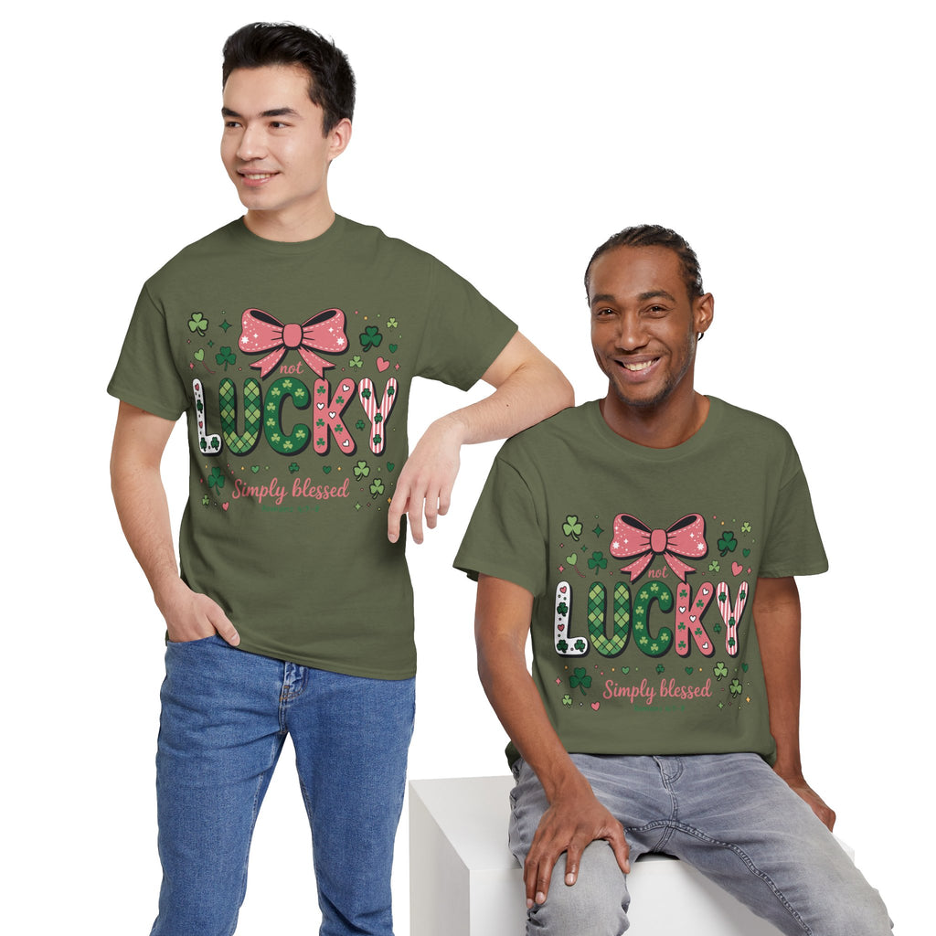 Simply Blessed Tee — “Not Lucky, Simply Blessed” with Pastel Bow, Clovers & Romans 4:7-8 Unisex Cotton Tee