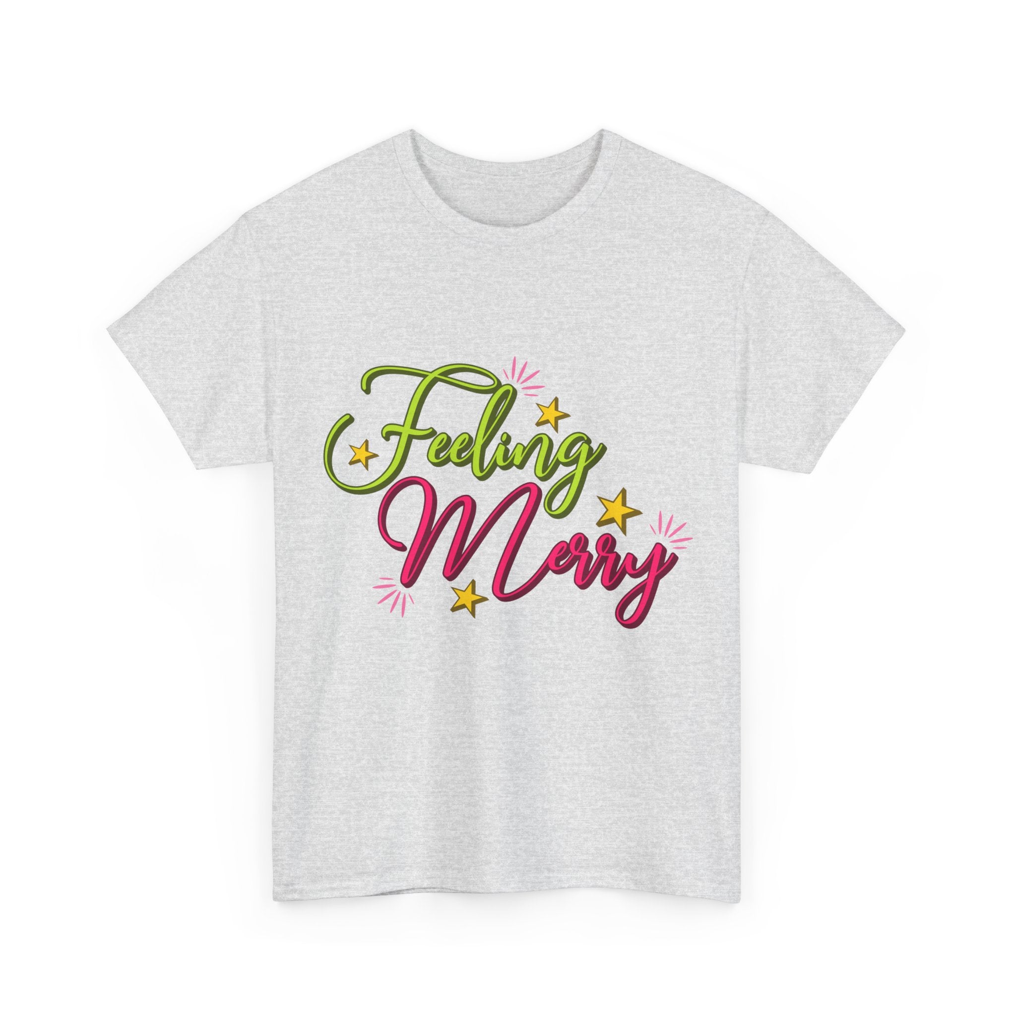 Feeling Merry T-Shirt — Bright Green & Pink Holiday Tee with Stars.Unisex Cotton Tee