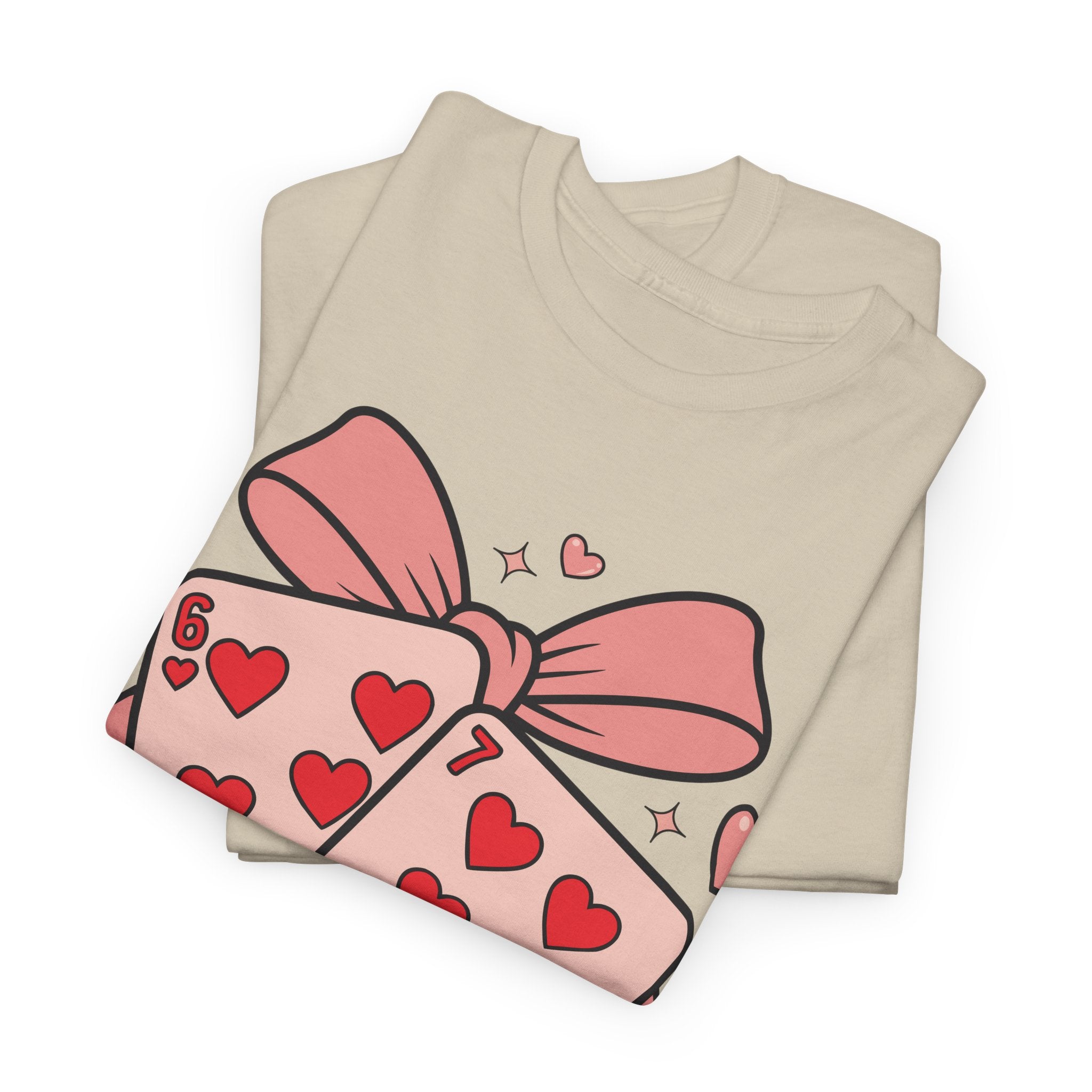6 & 7 of Hearts T-Shirt — Paired Playing Cards with Pink Bow Unisex Cotton Tee