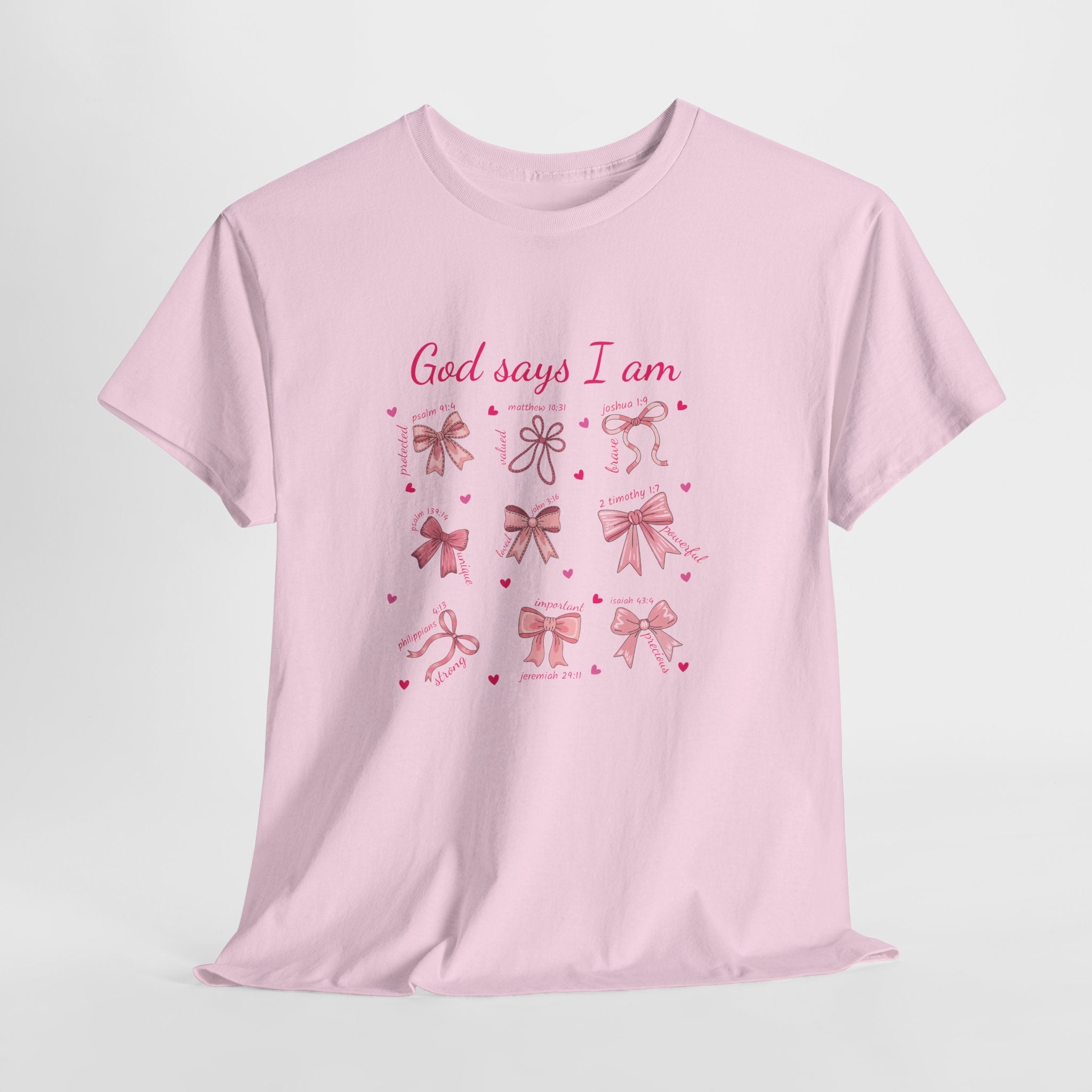 God Says I Am Christian Tee — Pink Affirmation T-Shirt with Bible Verse Bows.Unisex Cotton Tee