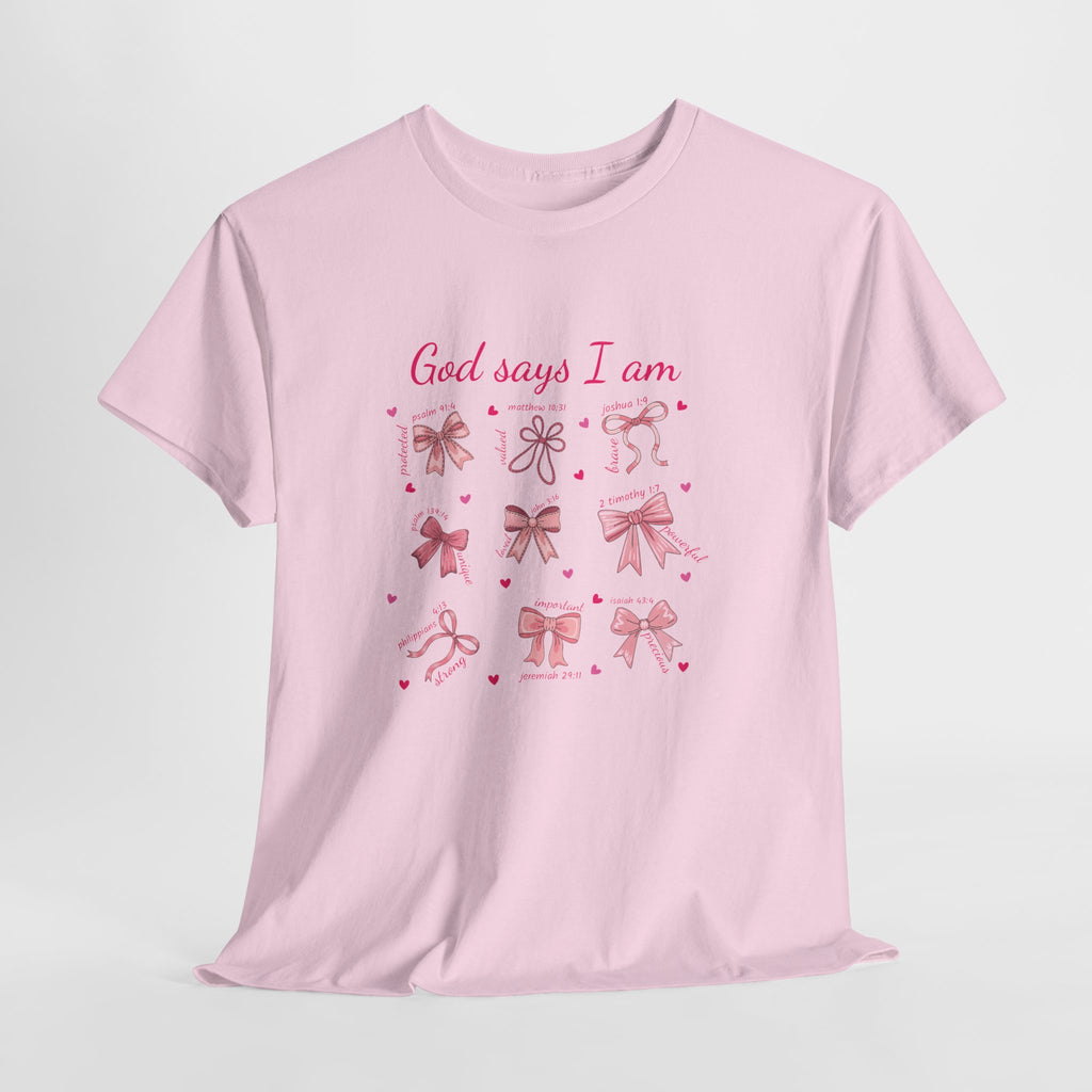 God Says I Am Pink Bow Tee — Faith-Based 'Loved, Brave, Strong' Unisex Cotton Shirt