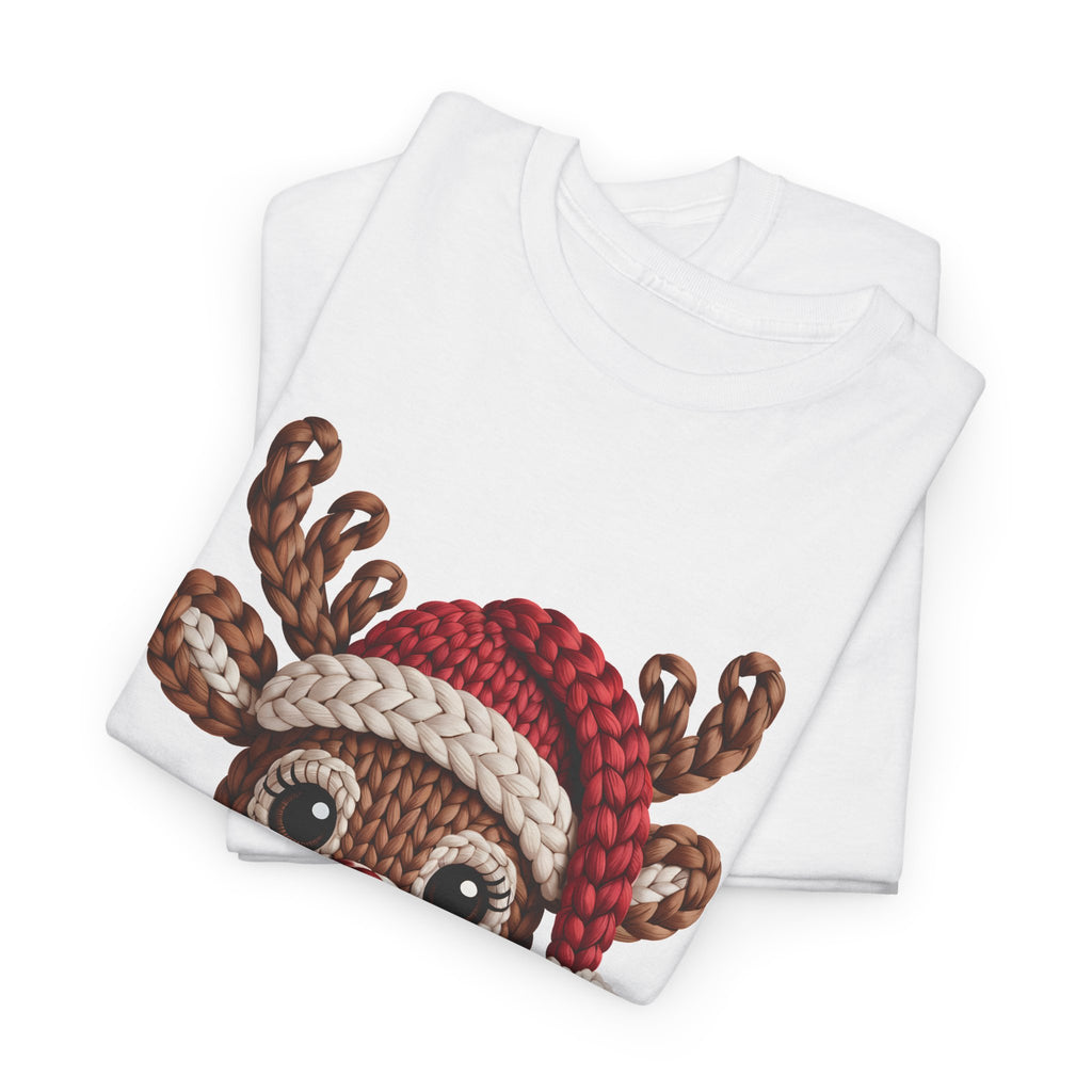 Reindeer in Santa Hat Cotton Tee — Joyful Faux-Yarn Holiday Unisex Coton T-Shirt