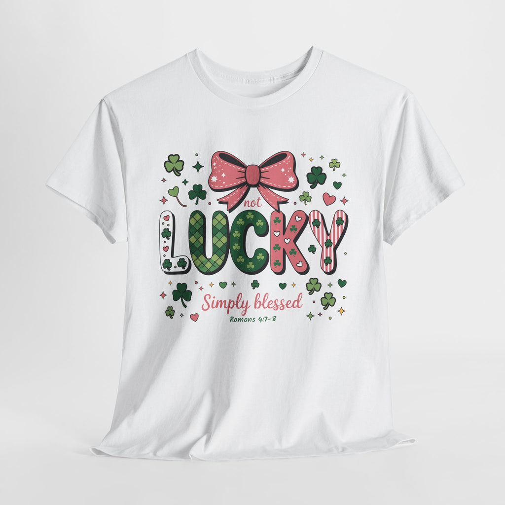 Simply Blessed Tee — “Not Lucky, Simply Blessed” with Pastel Bow, Clovers & Romans 4:7-8 Unisex Cotton Tee