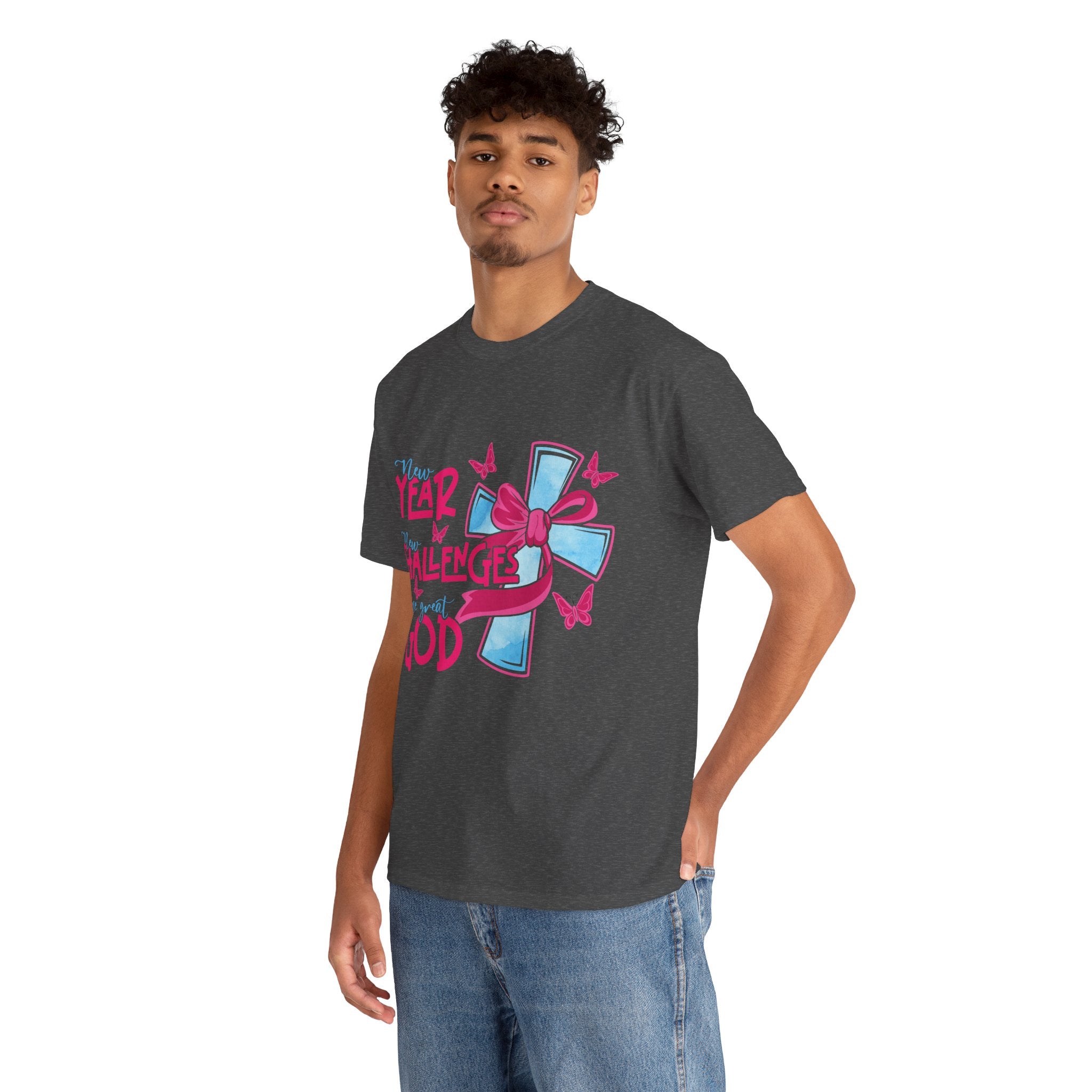 Christian T-Shirt — “New Year, New Challenges, Same Great God” with Pink Bow Cross & Butterflies. Unisex Cotton Tee