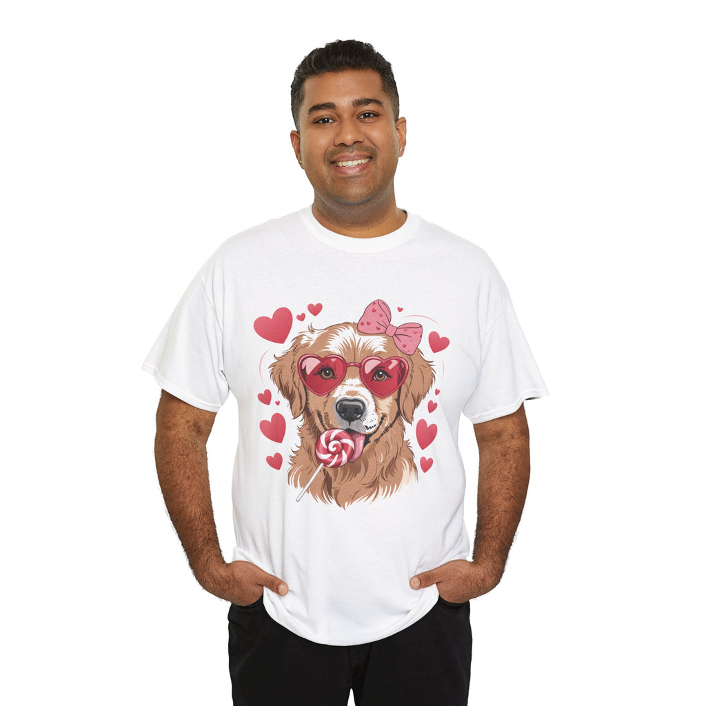 Valentine Dog T-Shirt — Cute Pup with Heart Glasses, Pink Bow & Lollipop..Unisex Cotton Tee